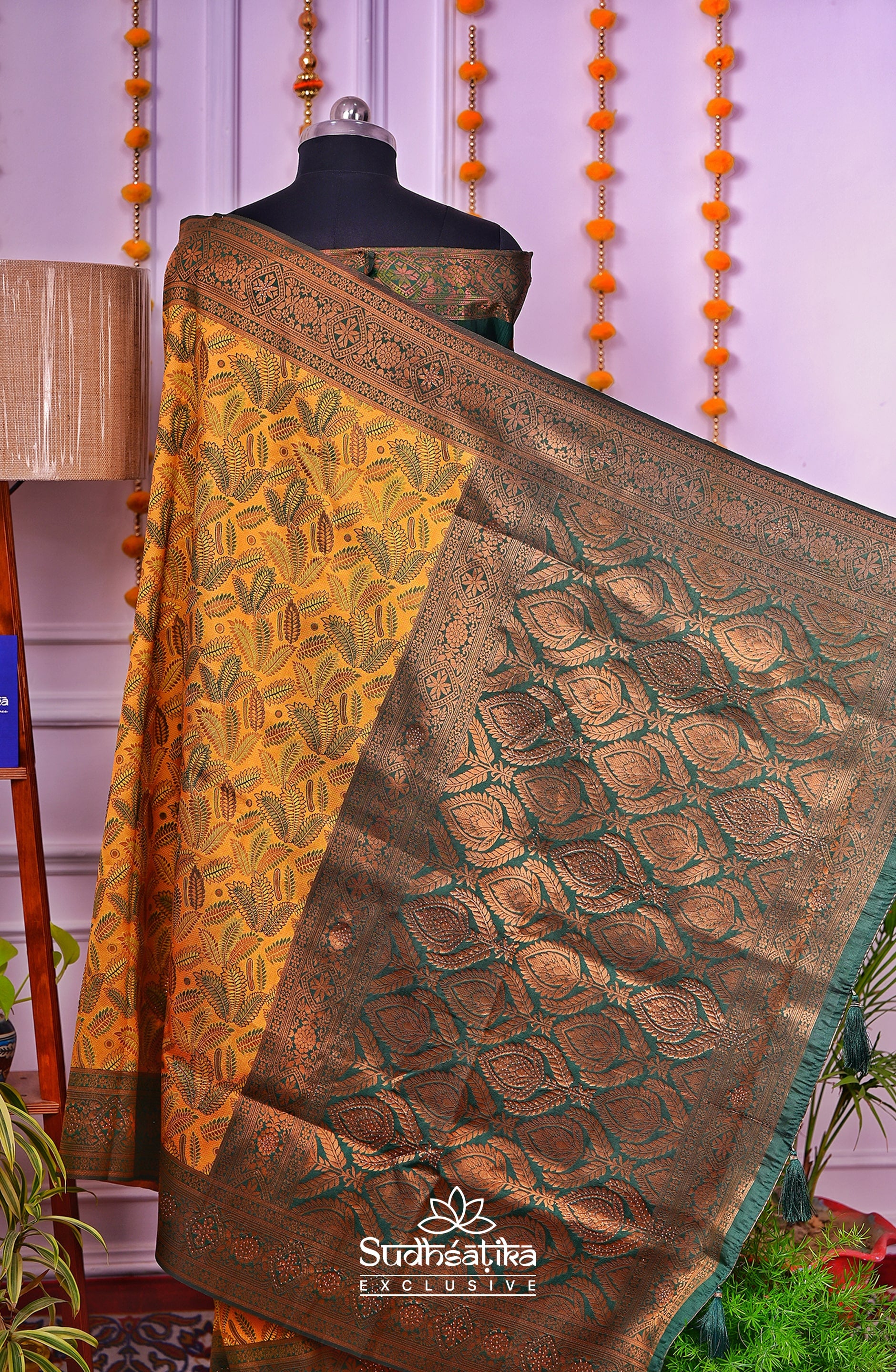 Mustard Yellow and Dark Green Silk Woven Banarasi Saree Lightweight