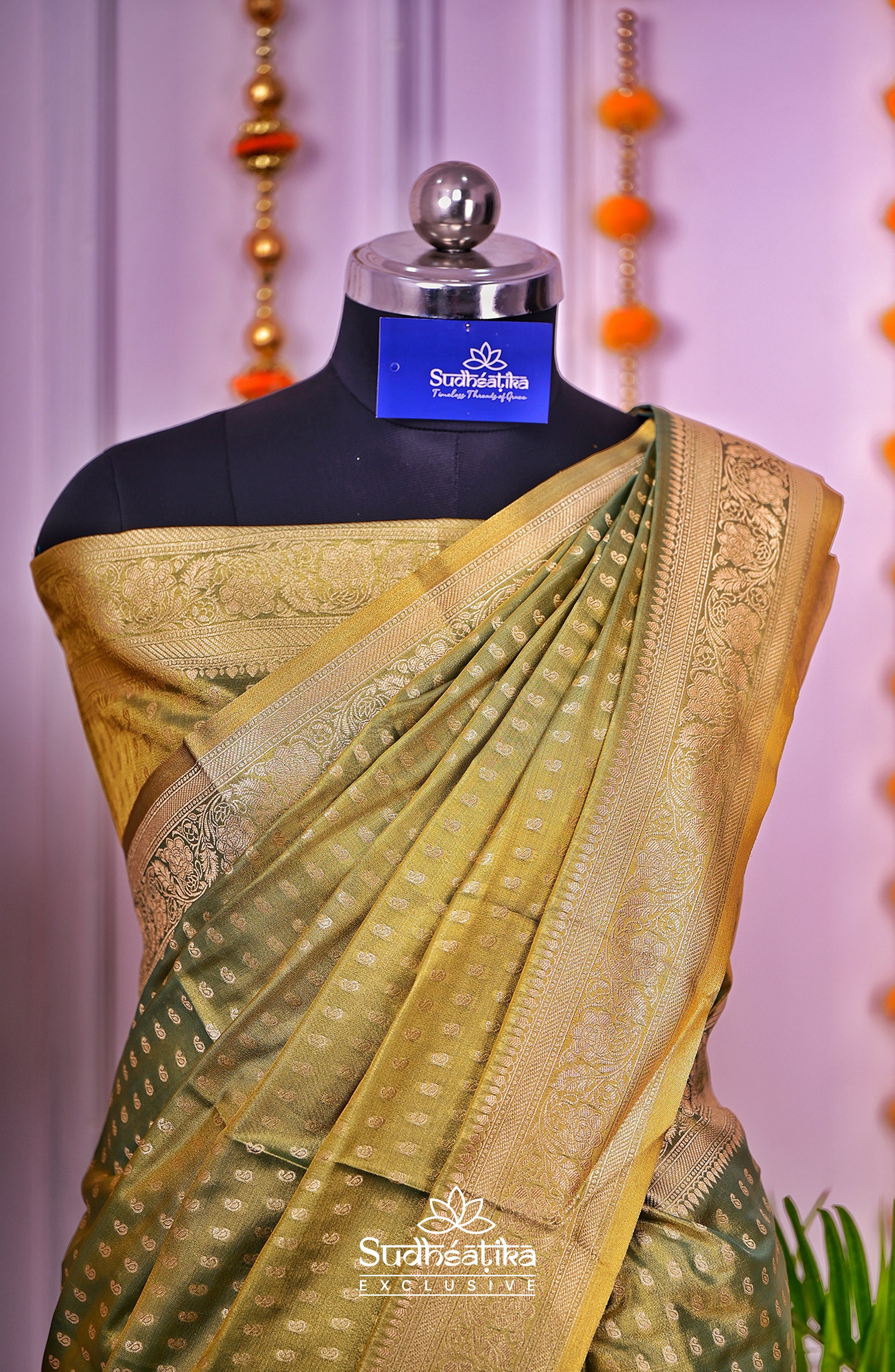 Golden-Green Metallic Banarasi Tissue Silk Lightweight Saree