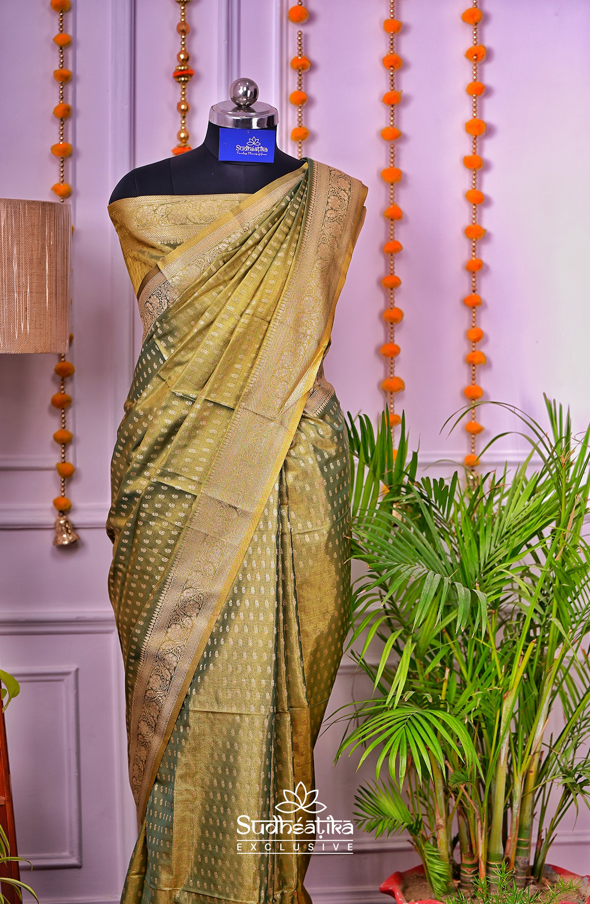 Golden-Green Metallic Banarasi Tissue Silk Lightweight Saree