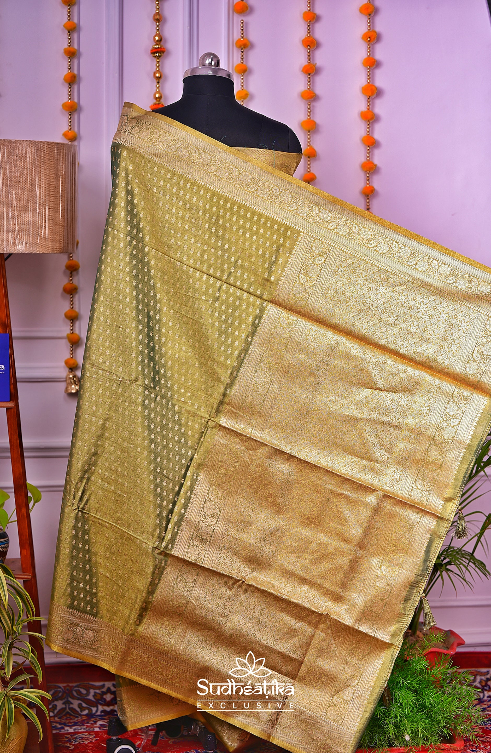 Golden-Green Metallic Banarasi Tissue Silk Lightweight Saree