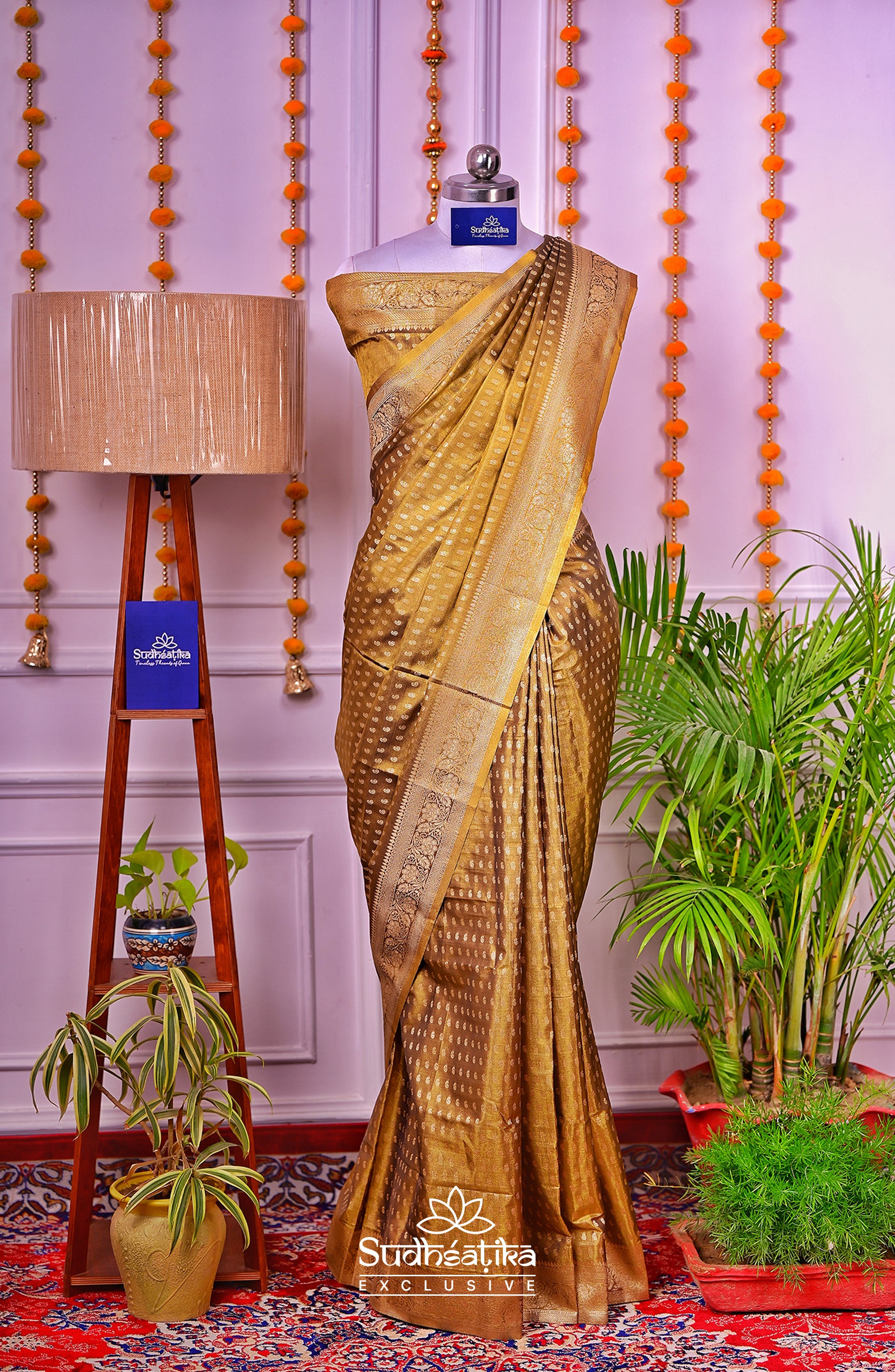 Golden-Olive Green Metallic Banarasi Tissue Silk Lightweight
