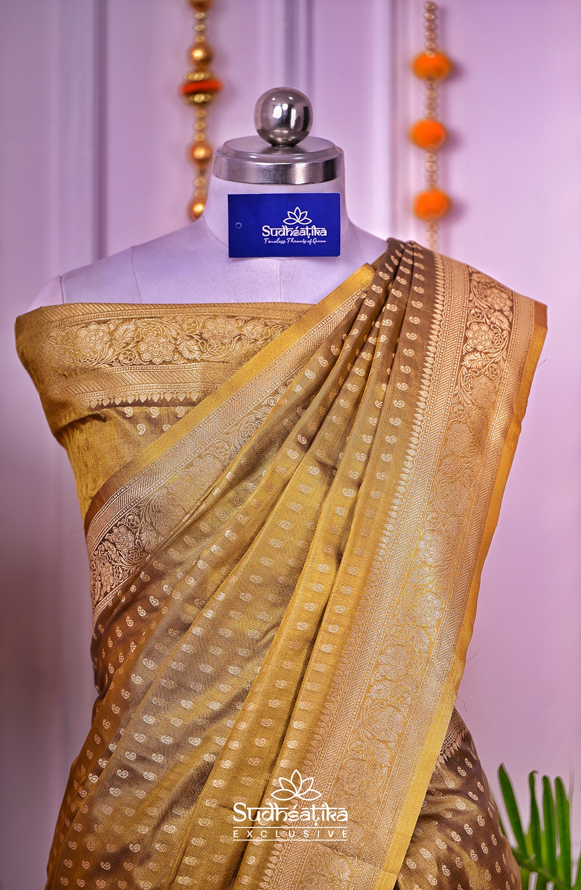 Golden-Olive Green Metallic Banarasi Tissue Silk Lightweight