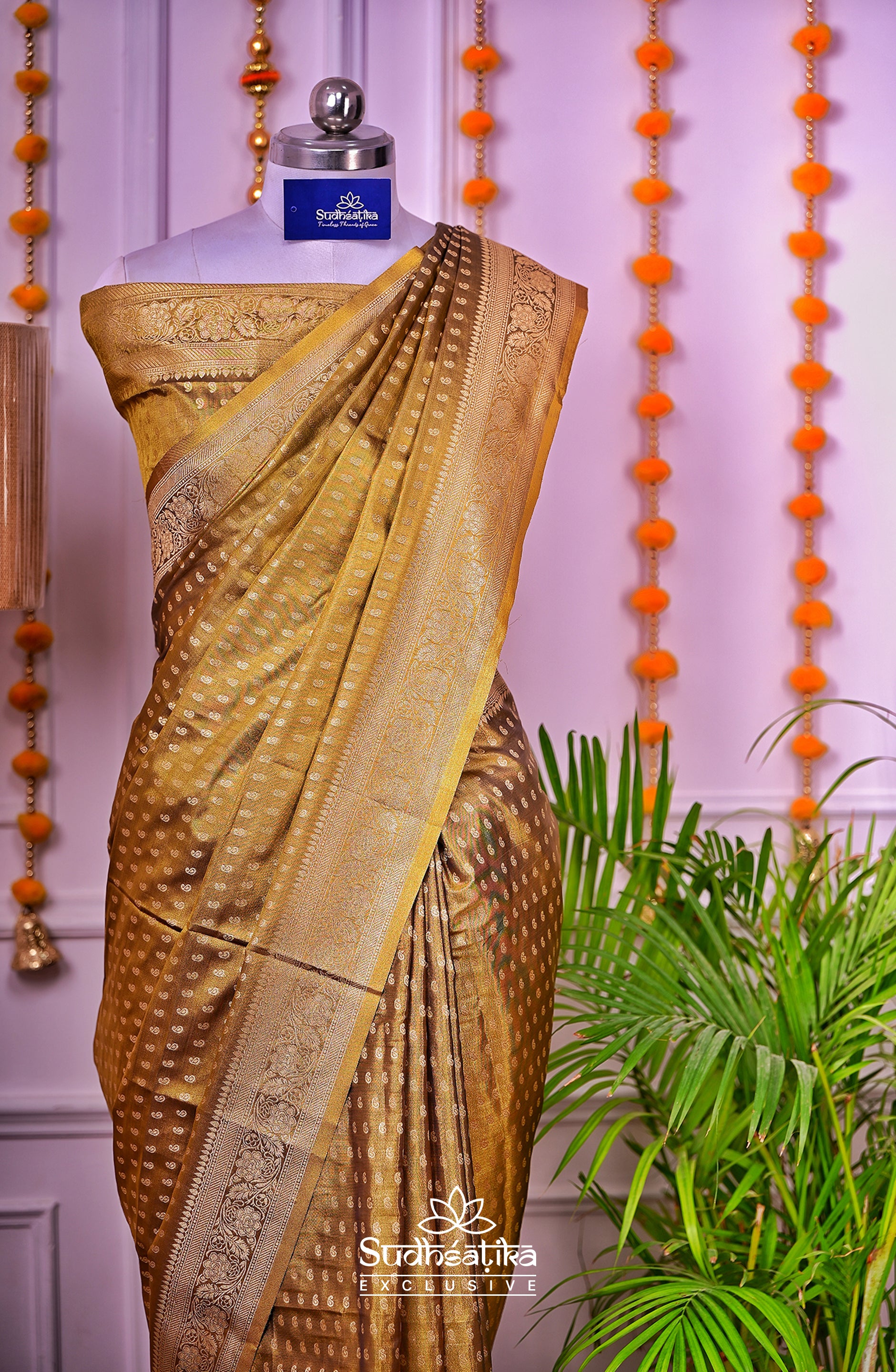 Golden-Olive Green Metallic Banarasi Tissue Silk Lightweight