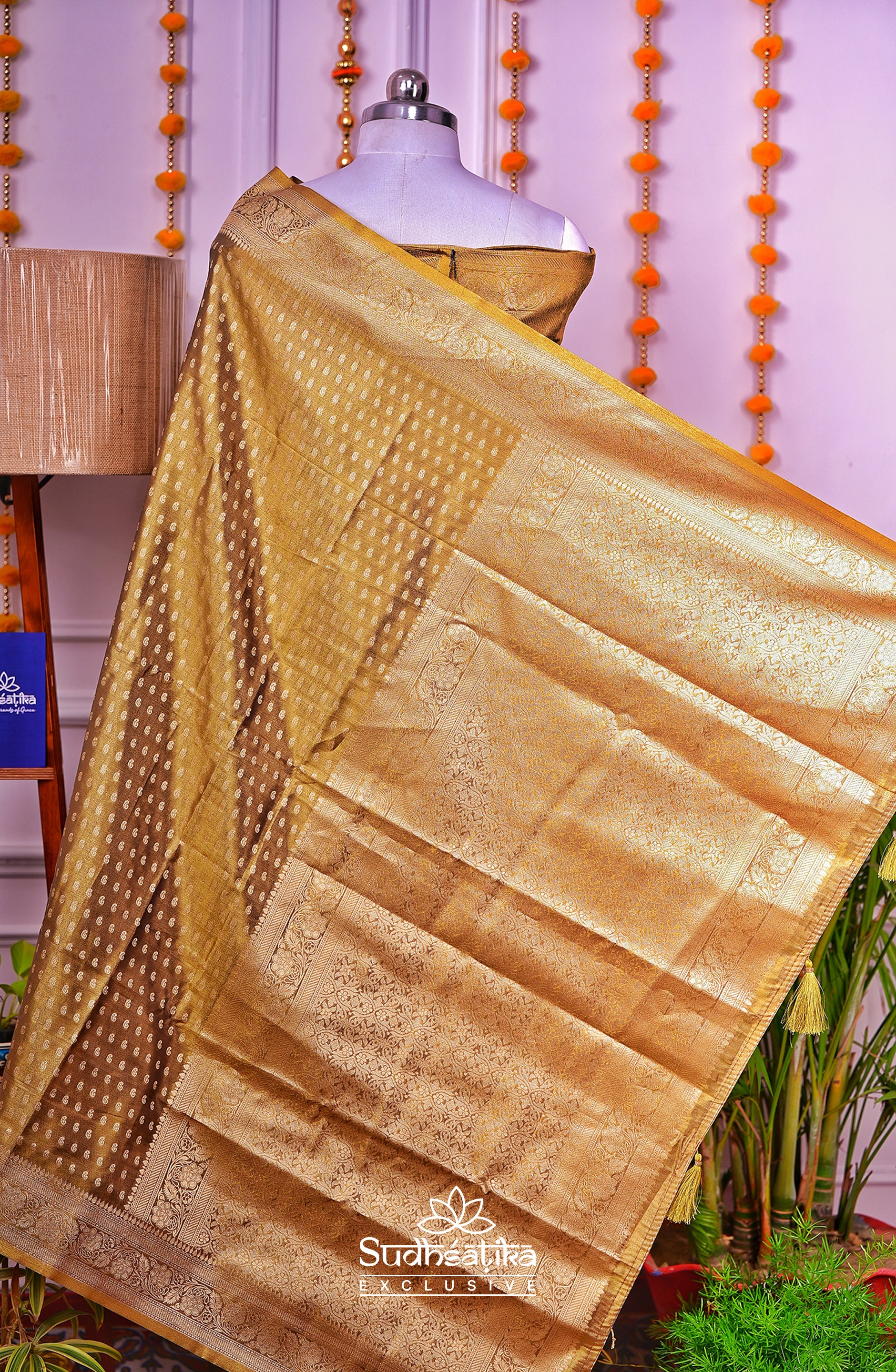 Golden-Olive Green Metallic Banarasi Tissue Silk Lightweight