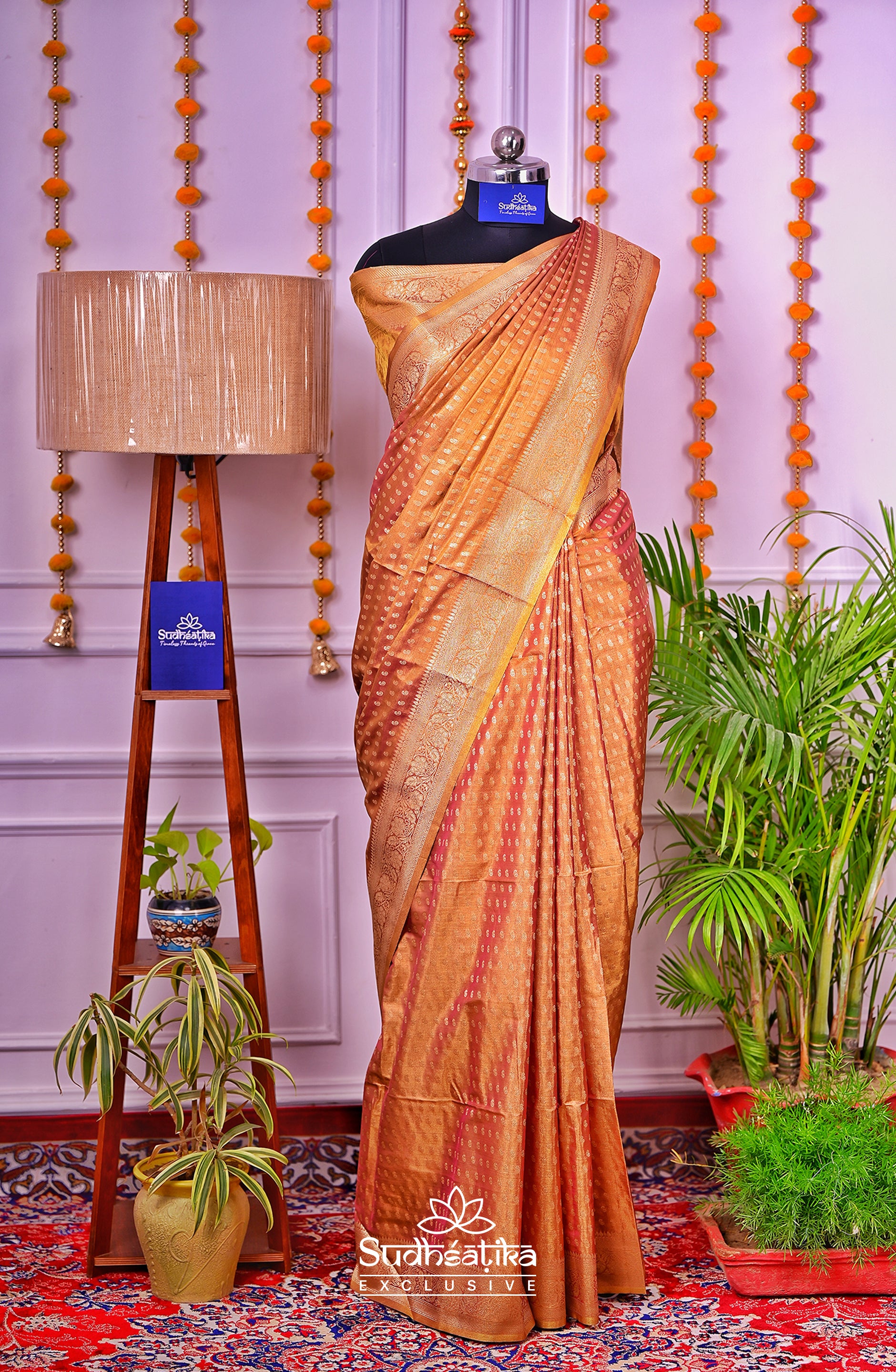 Golden-Peach Caramal Metallic Banarasi Tissue Silk Lightweight