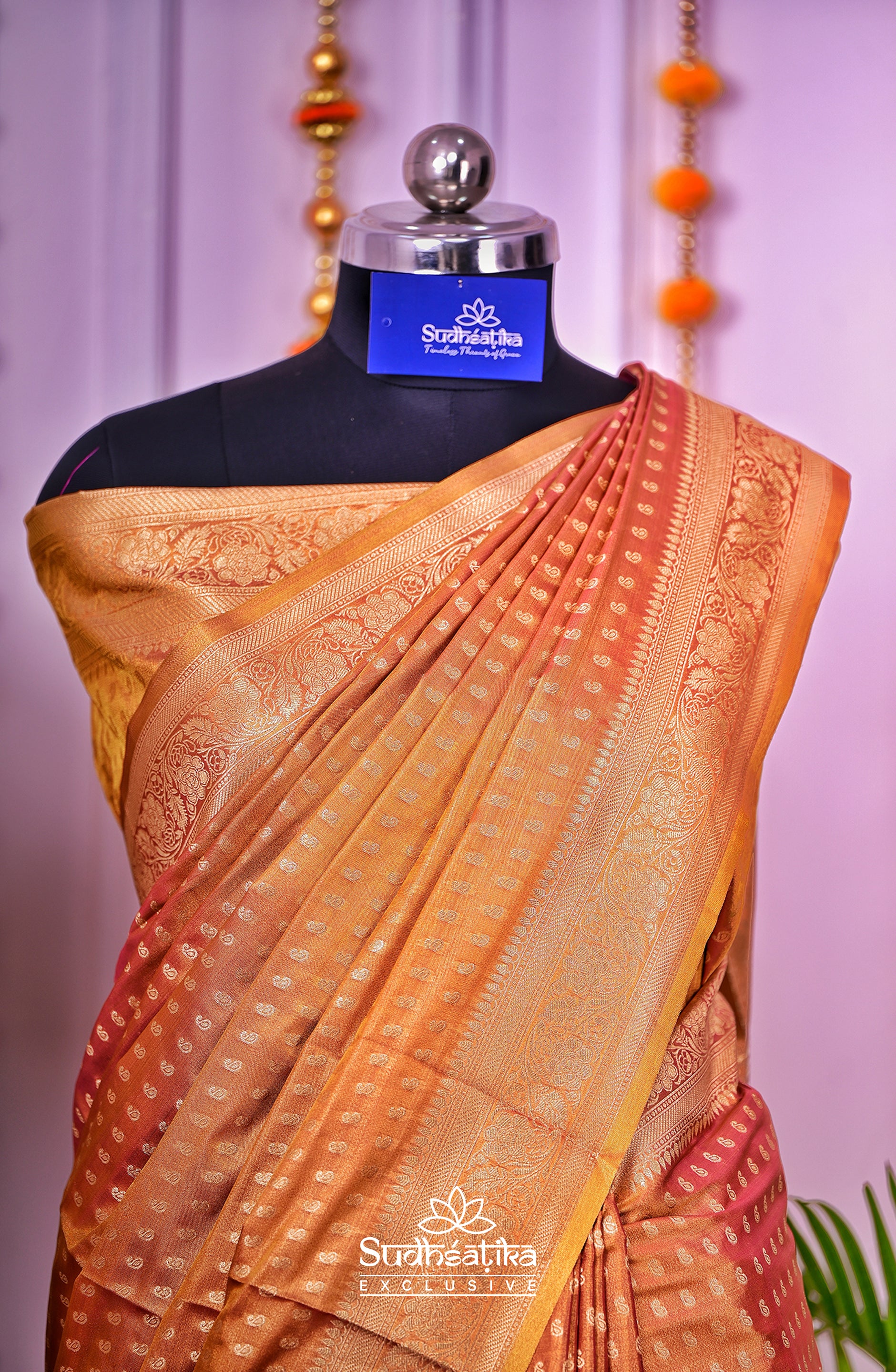 Golden-Peach Caramal Metallic Banarasi Tissue Silk Lightweight