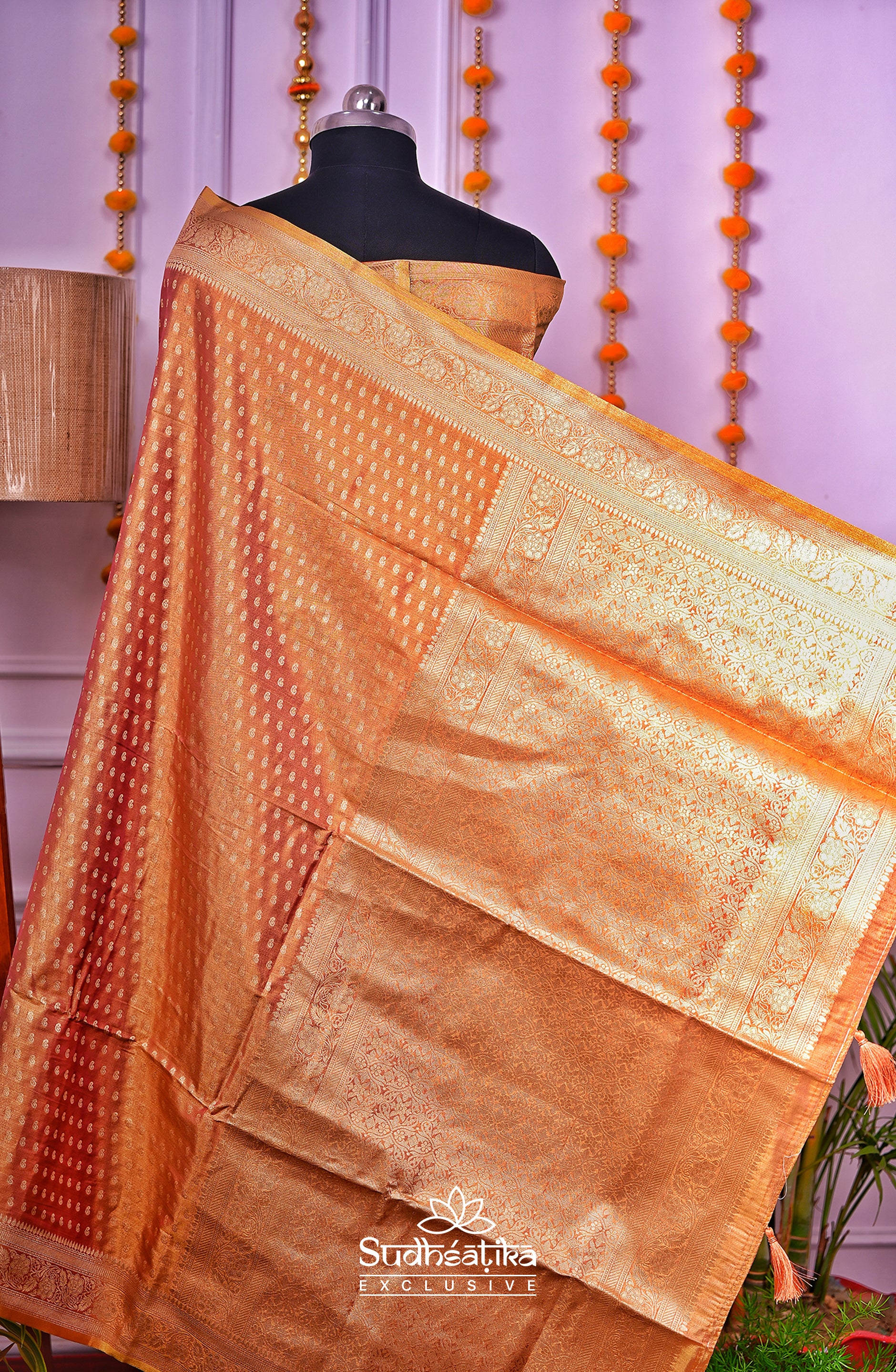 Golden-Peach Caramal Metallic Banarasi Tissue Silk Lightweight