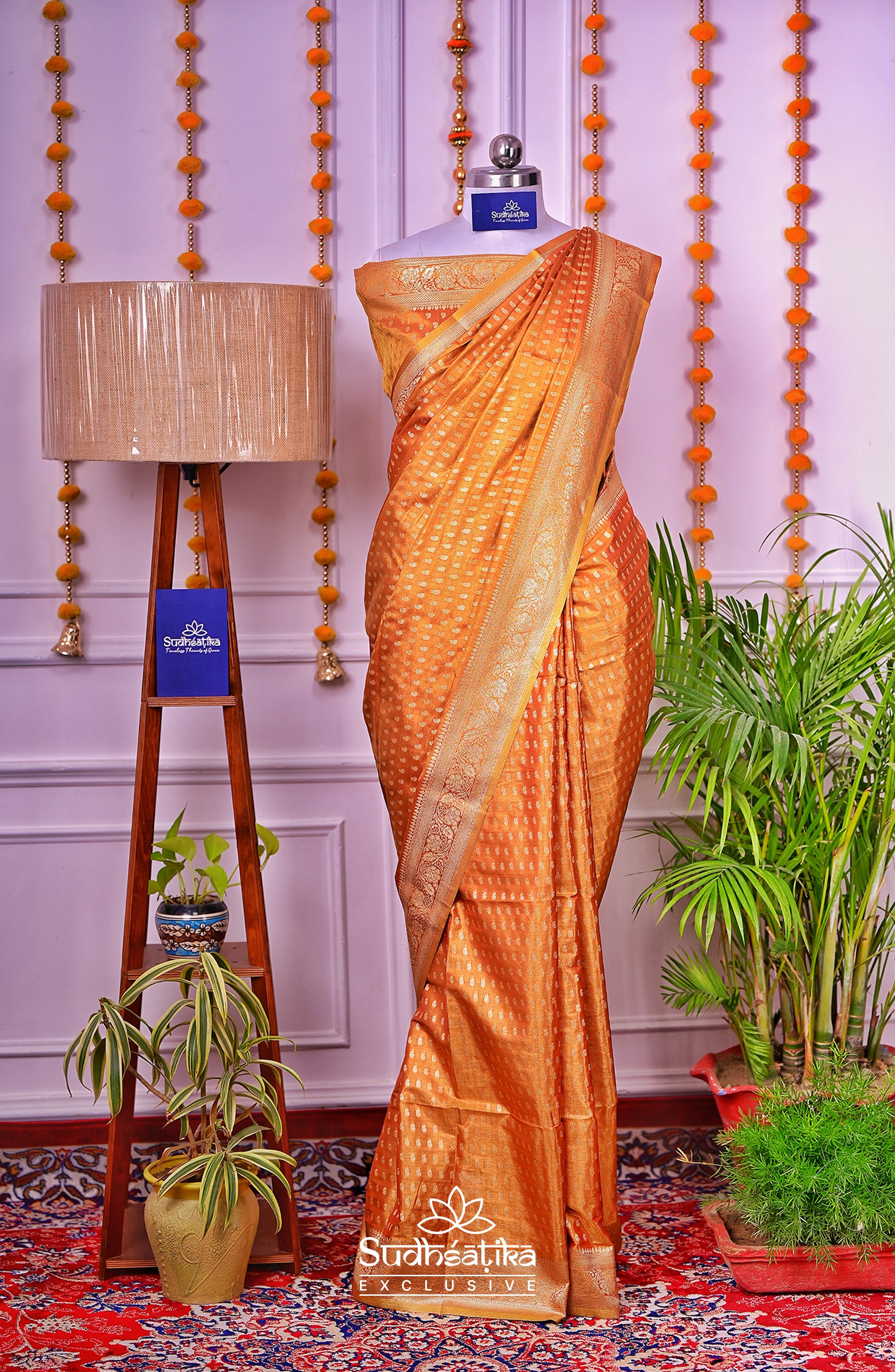 Golden-Light Orange Metallic Banarasi Tissue Silk Lightweight