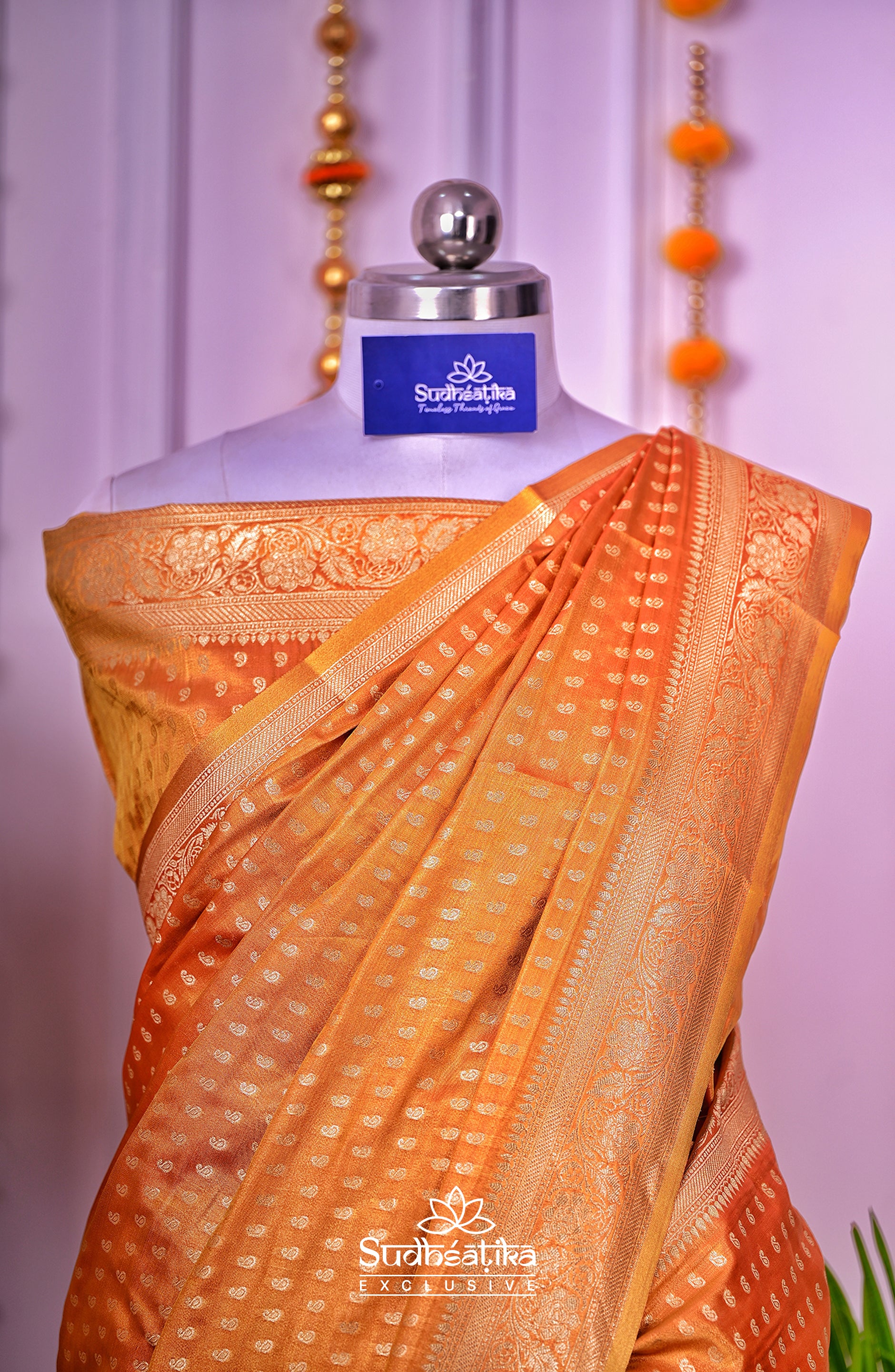 Golden-Light Orange Metallic Banarasi Tissue Silk Lightweight