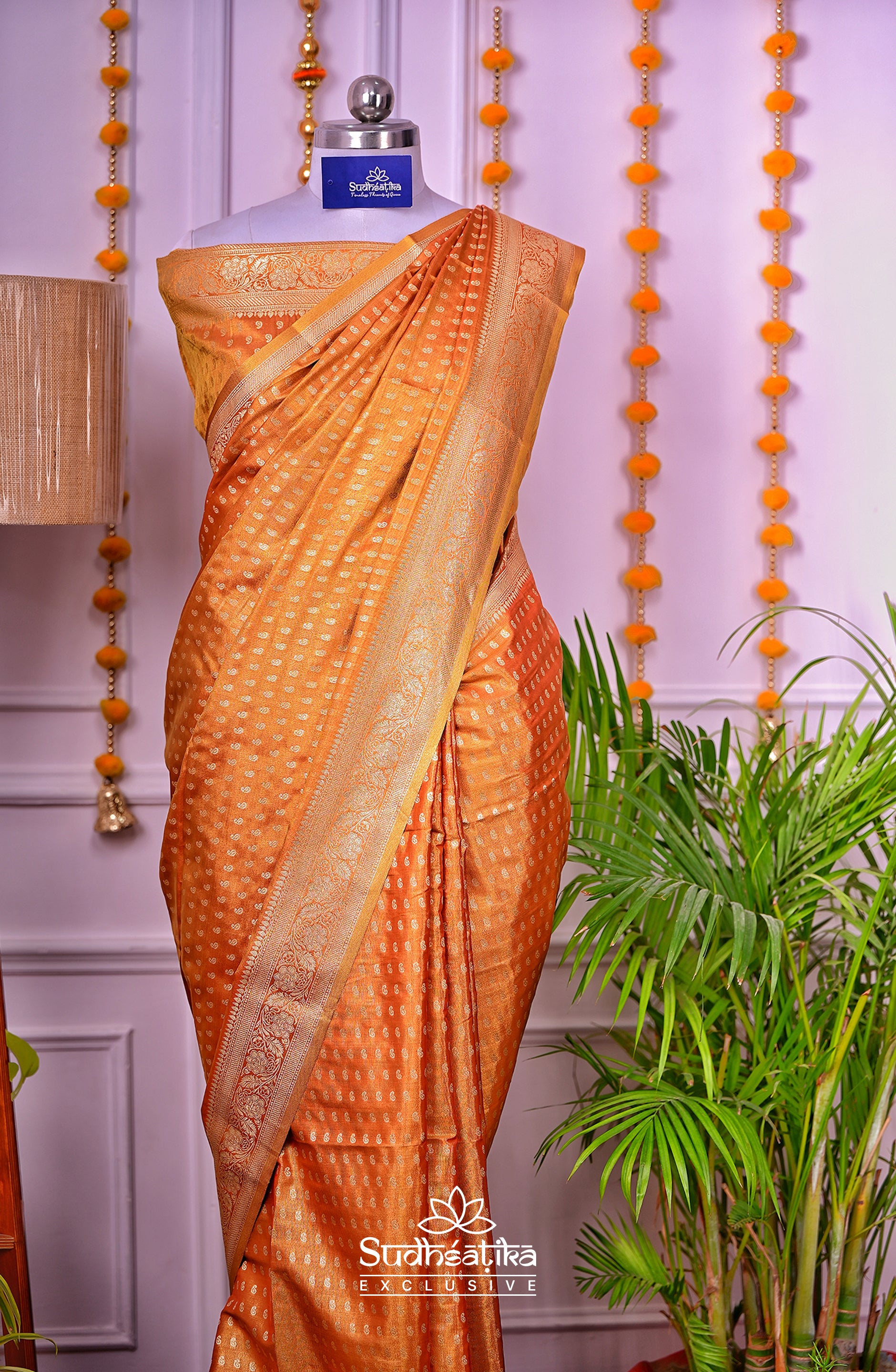 Golden-Light Orange Metallic Banarasi Tissue Silk Lightweight