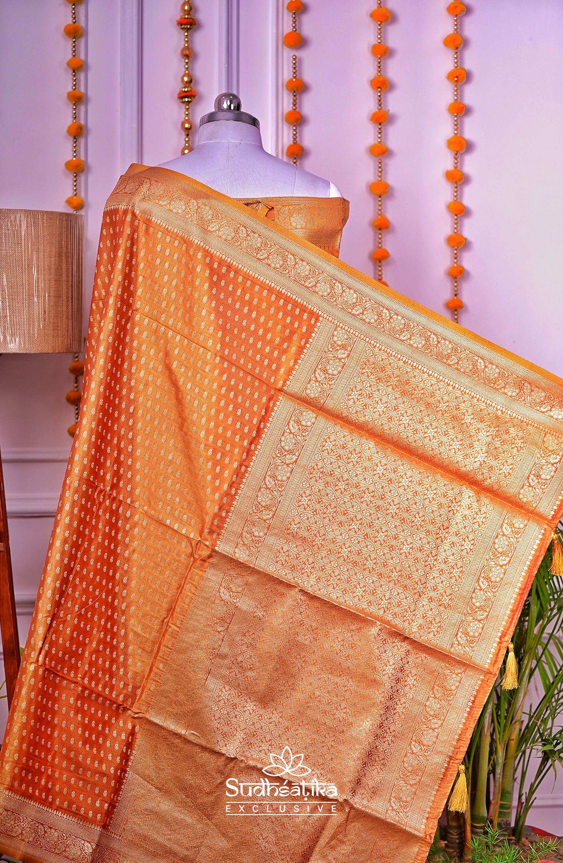 Golden-Light Orange Metallic Banarasi Tissue Silk Lightweight