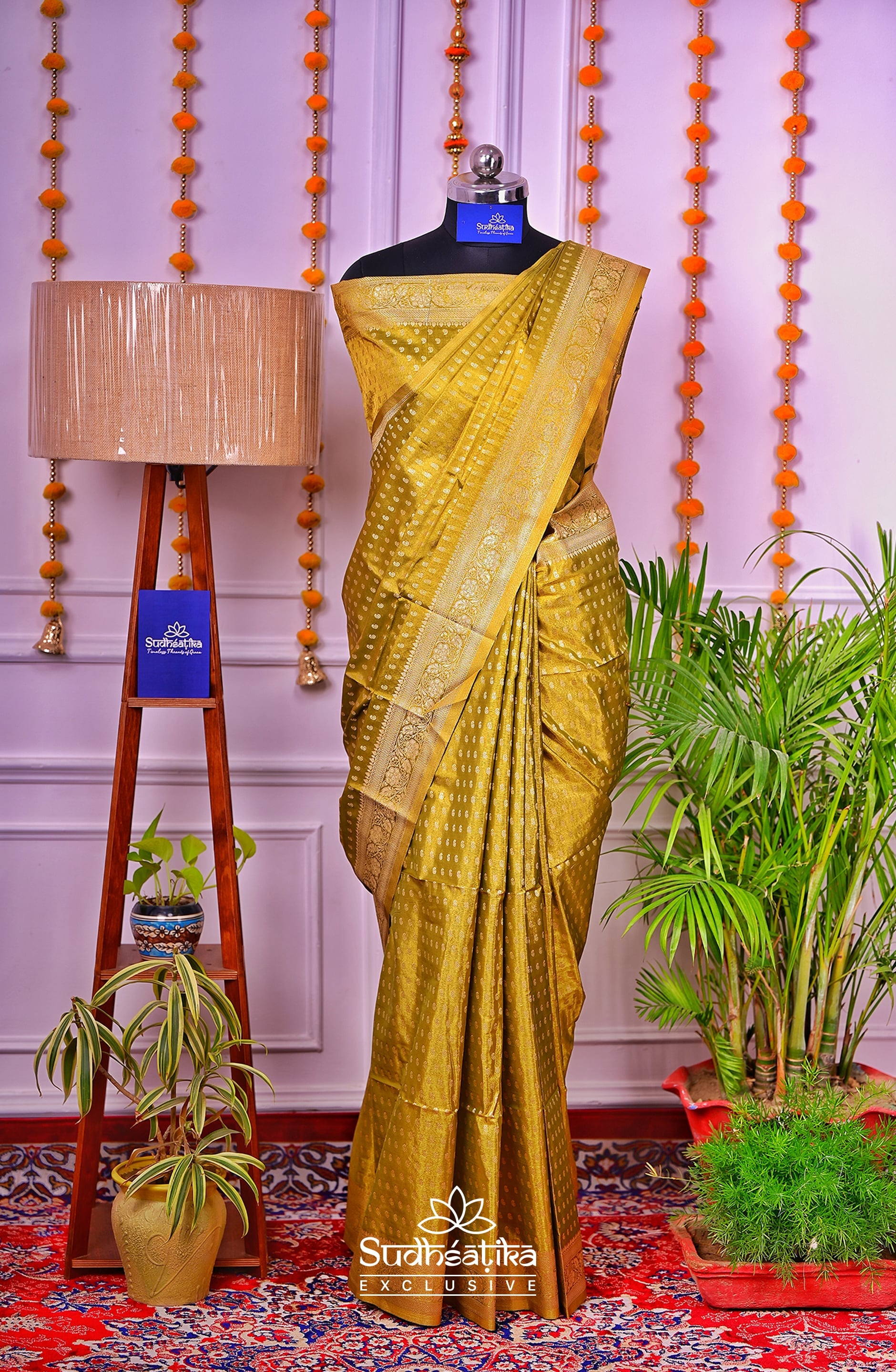 Golden-Army Green Metallic Banarasi Tissue Silk Lightweight Saree