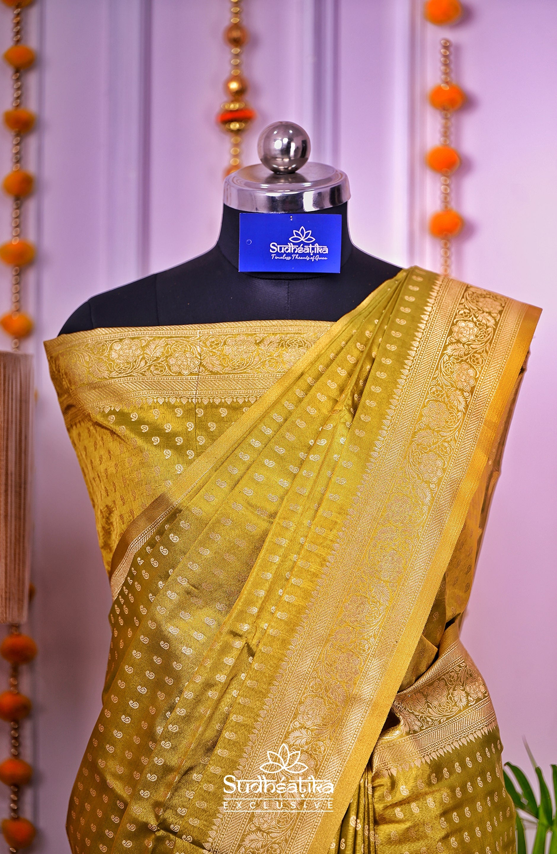 Golden-Army Green Metallic Banarasi Tissue Silk Lightweight Saree