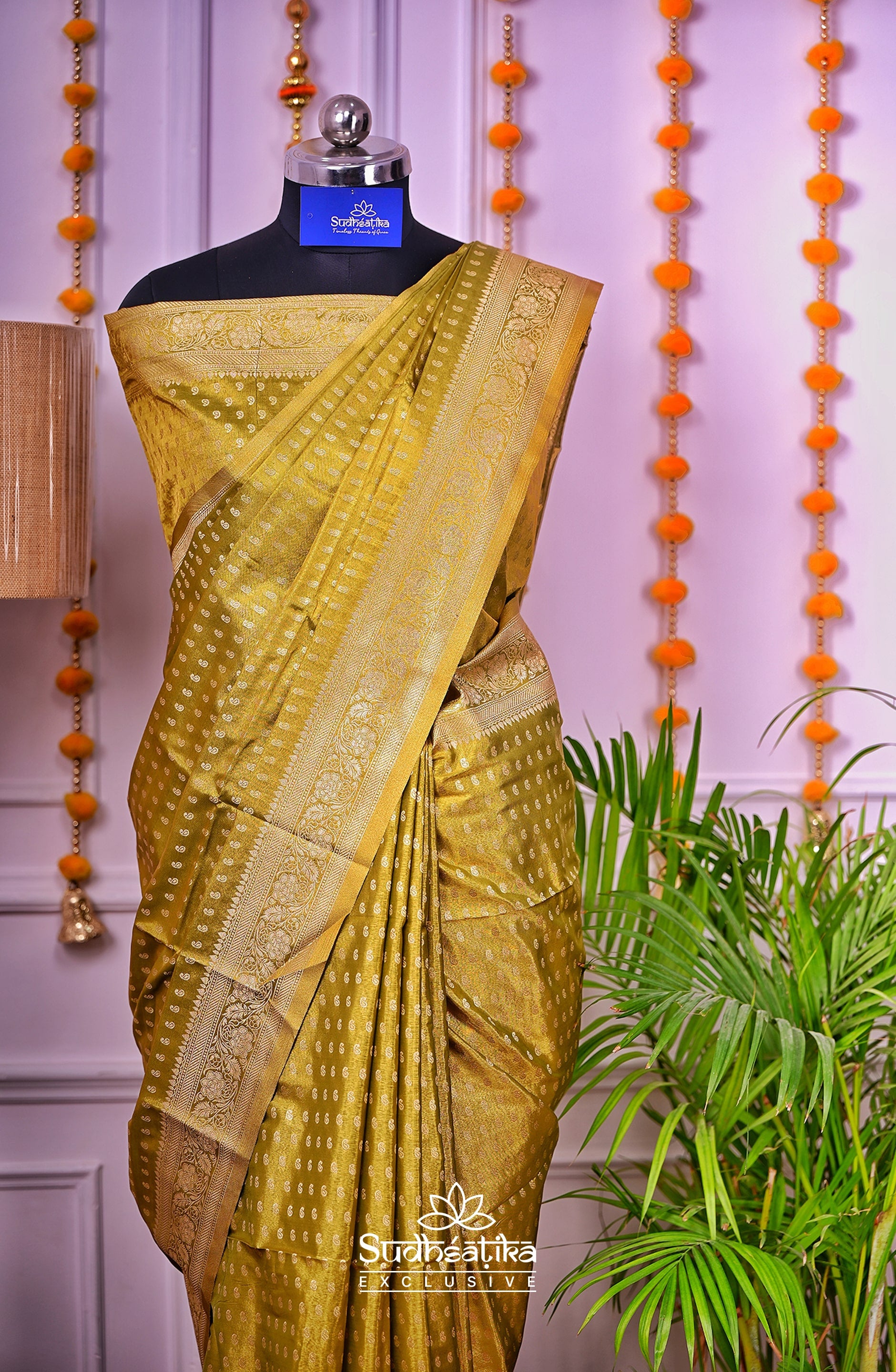 Golden-Army Green Metallic Banarasi Tissue Silk Lightweight Saree