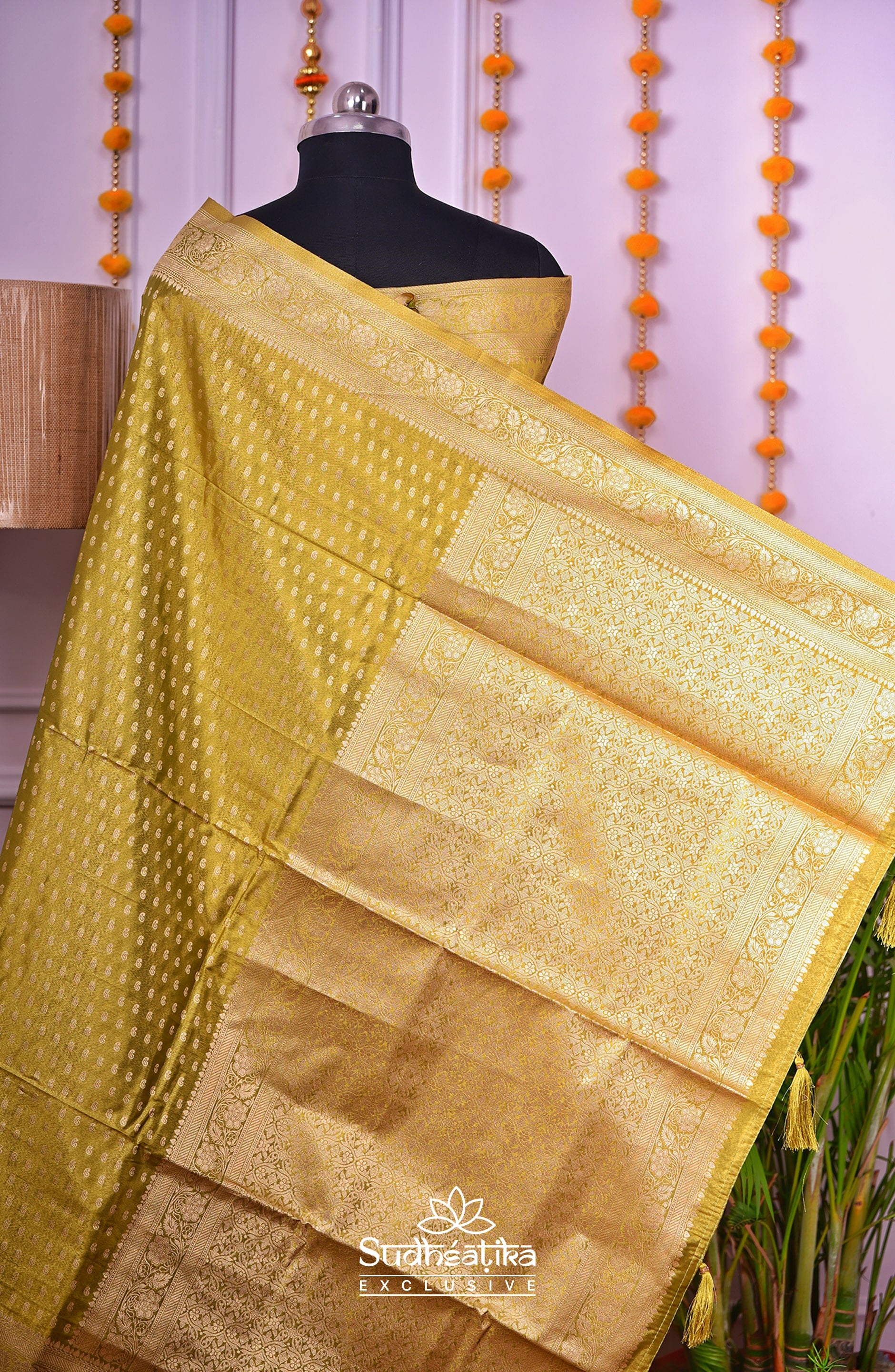 Golden-Army Green Metallic Banarasi Tissue Silk Lightweight Saree