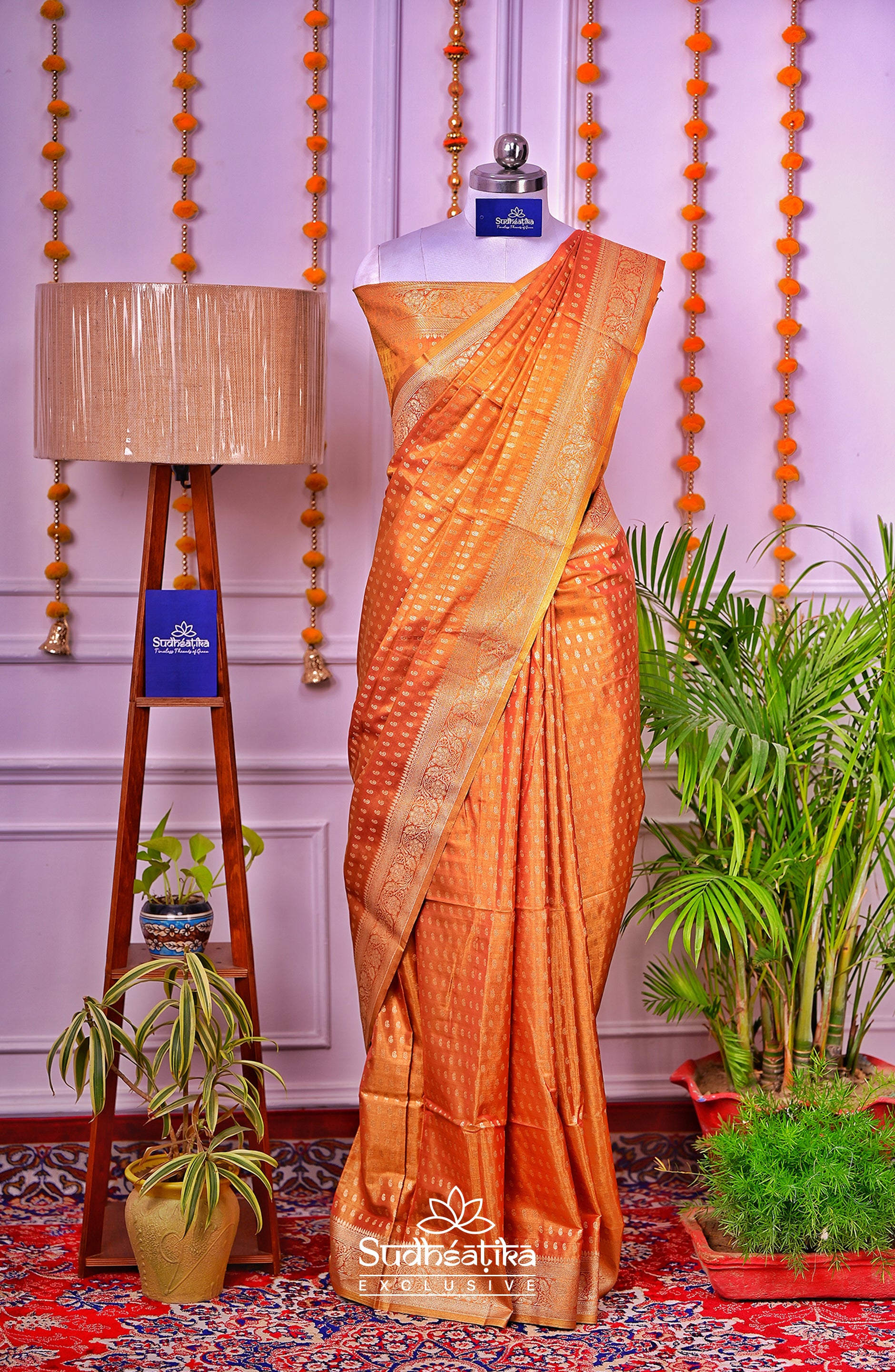 Golden-Orange Olive Metallic Banarasi Tissue Silk Lightweight