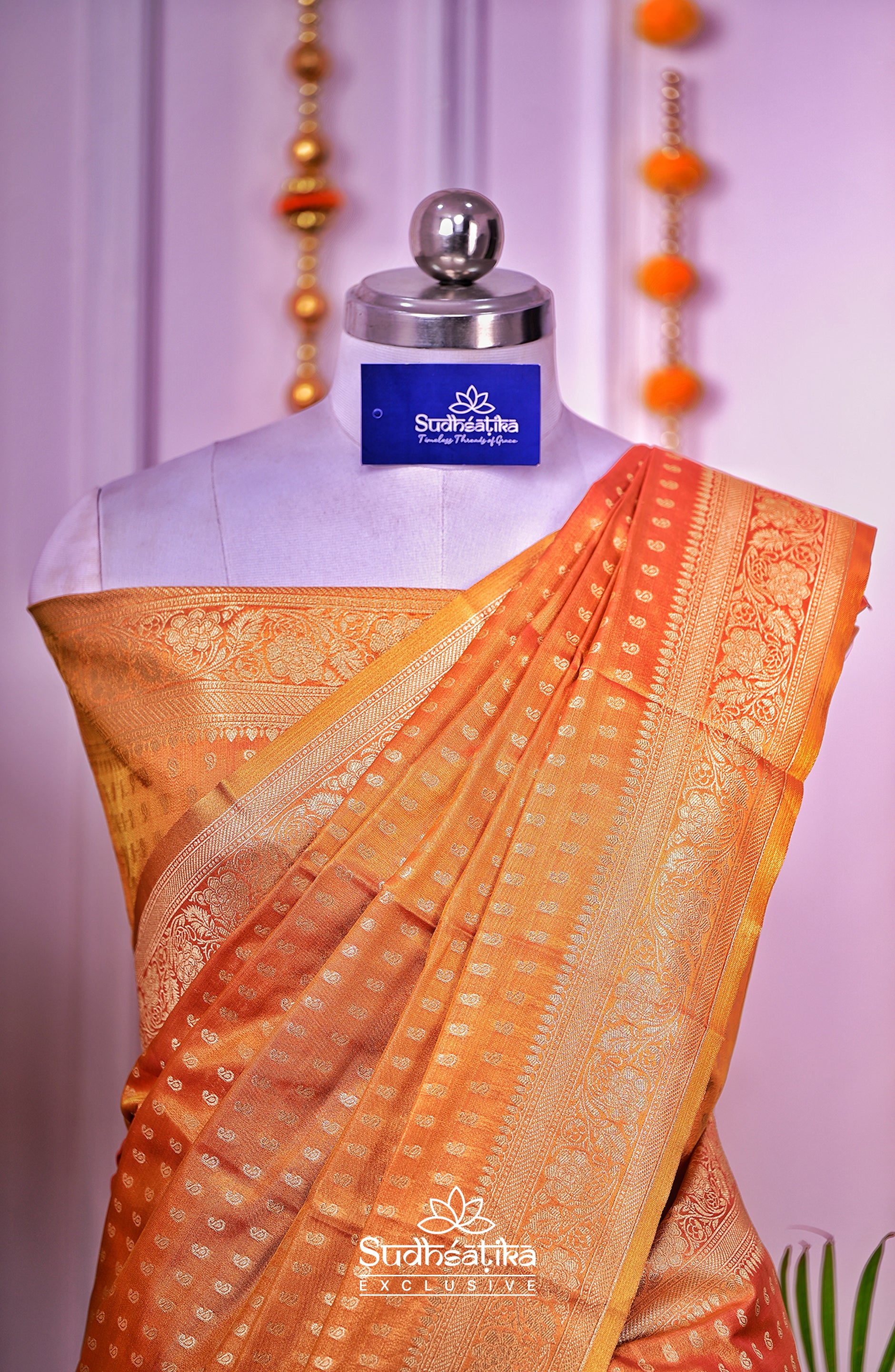 Golden-Orange Olive Metallic Banarasi Tissue Silk Lightweight