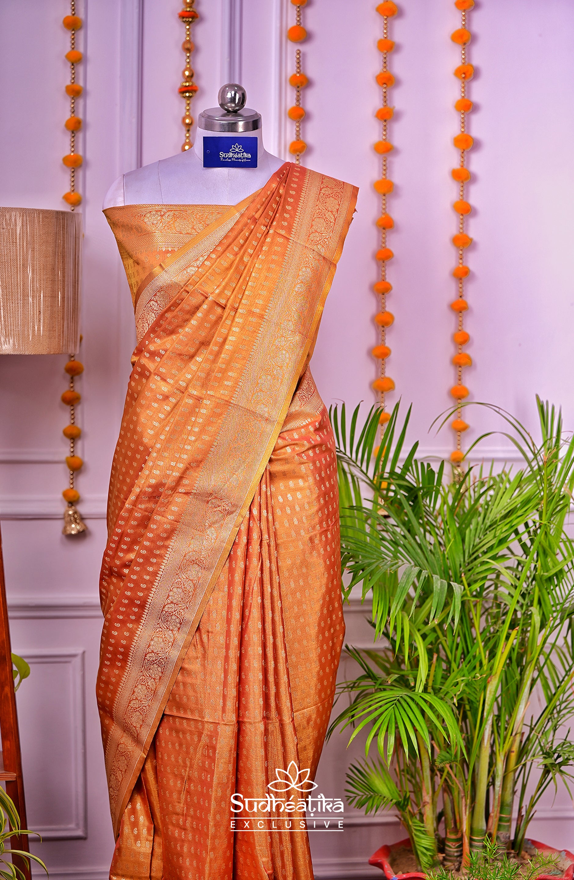 Golden-Orange Olive Metallic Banarasi Tissue Silk Lightweight