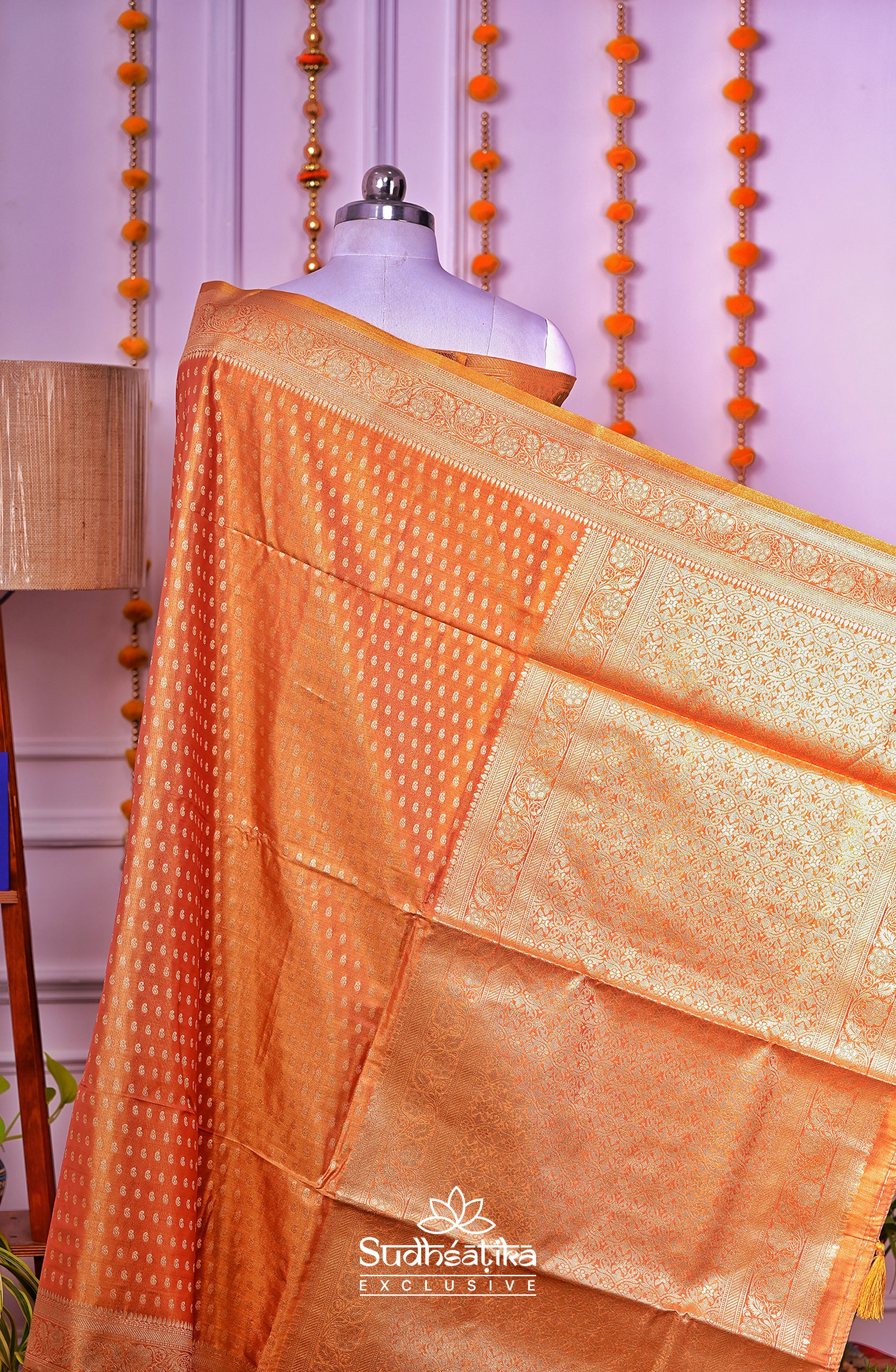 Golden-Orange Olive Metallic Banarasi Tissue Silk Lightweight