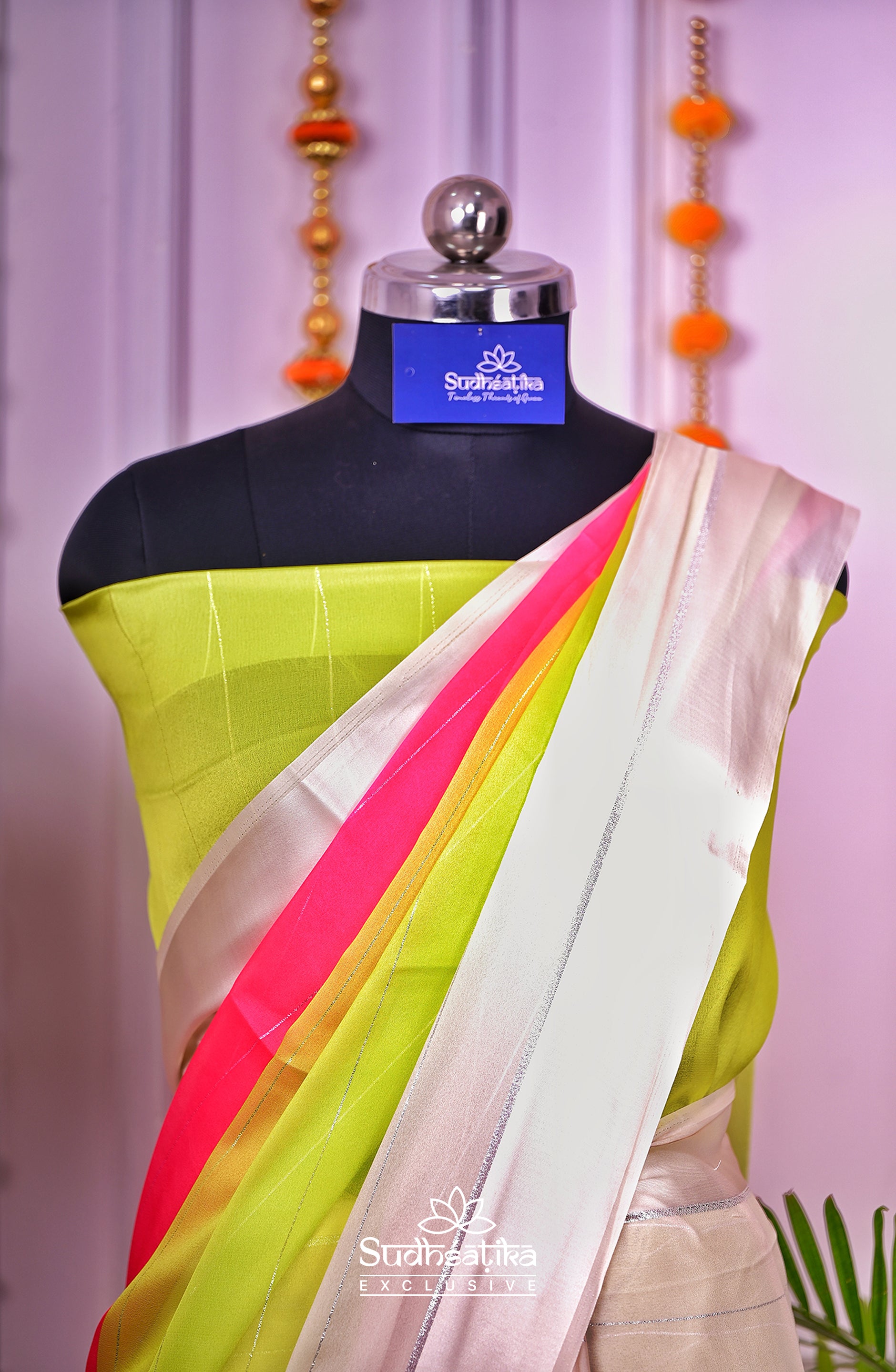 Lime Green & Hot Pink Multiclour Chiffon Saree Lightweight