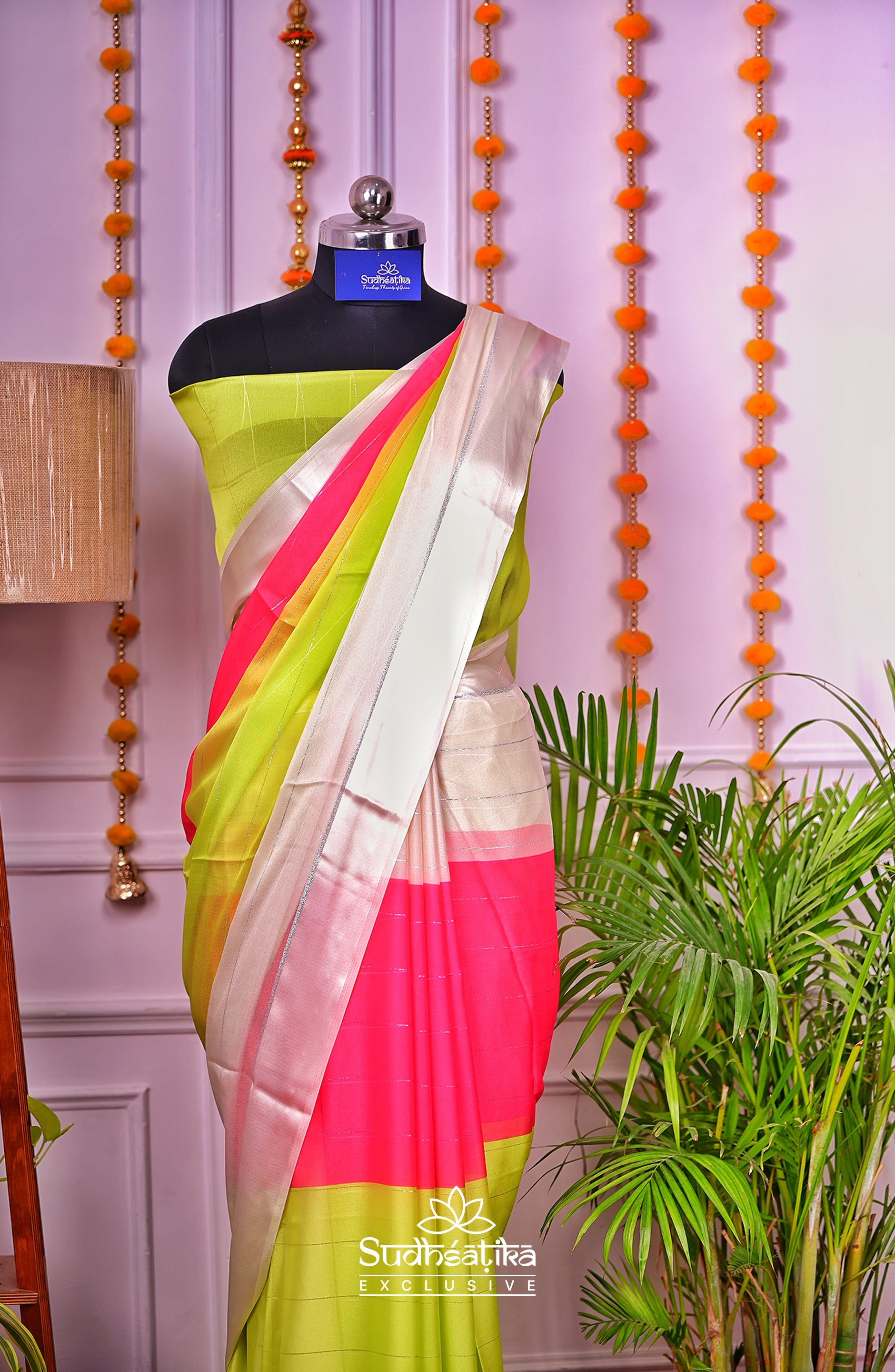 Lime Green & Hot Pink Multiclour Chiffon Saree Lightweight