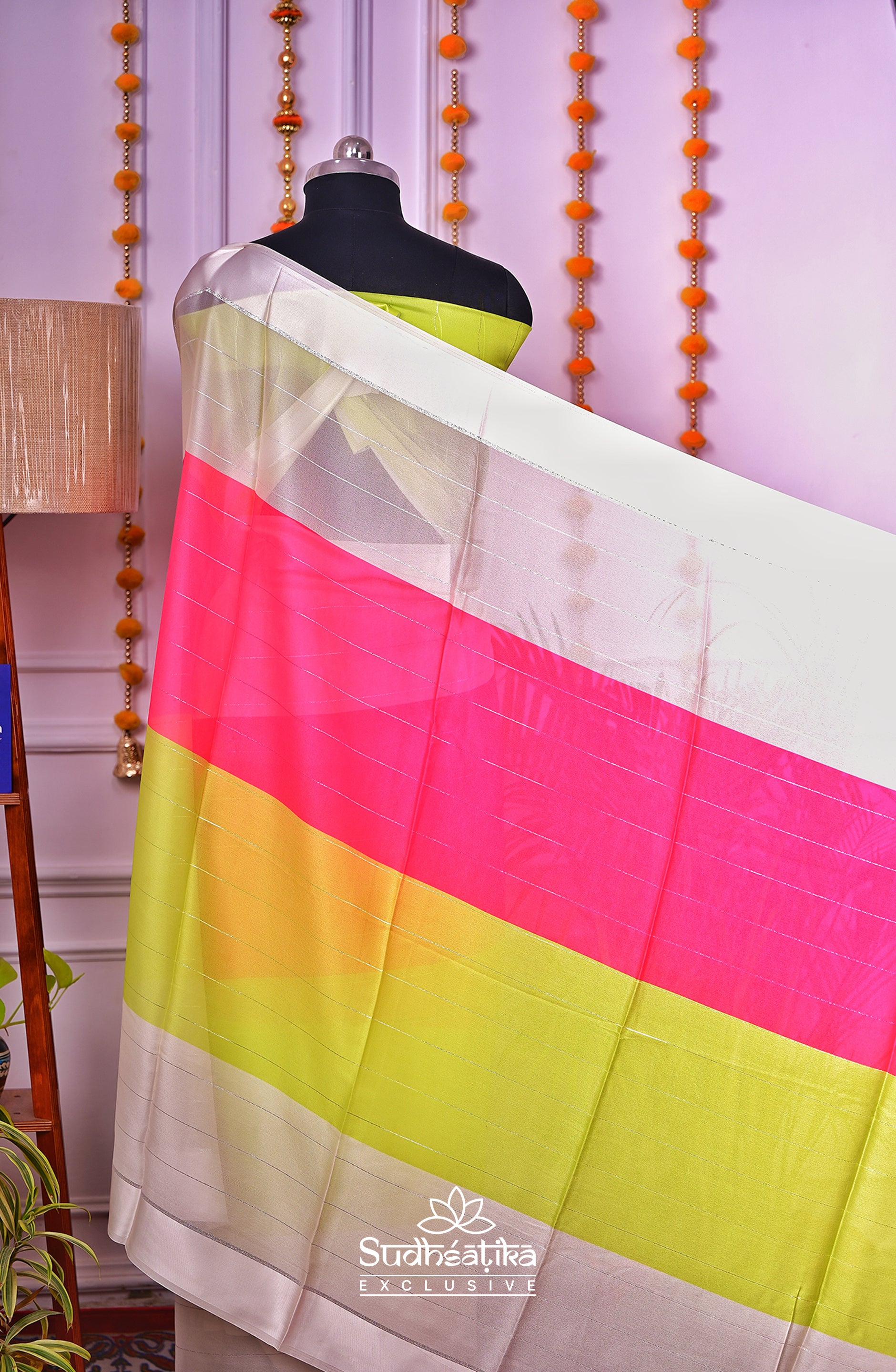 Lime Green & Hot Pink Multiclour Chiffon Saree Lightweight