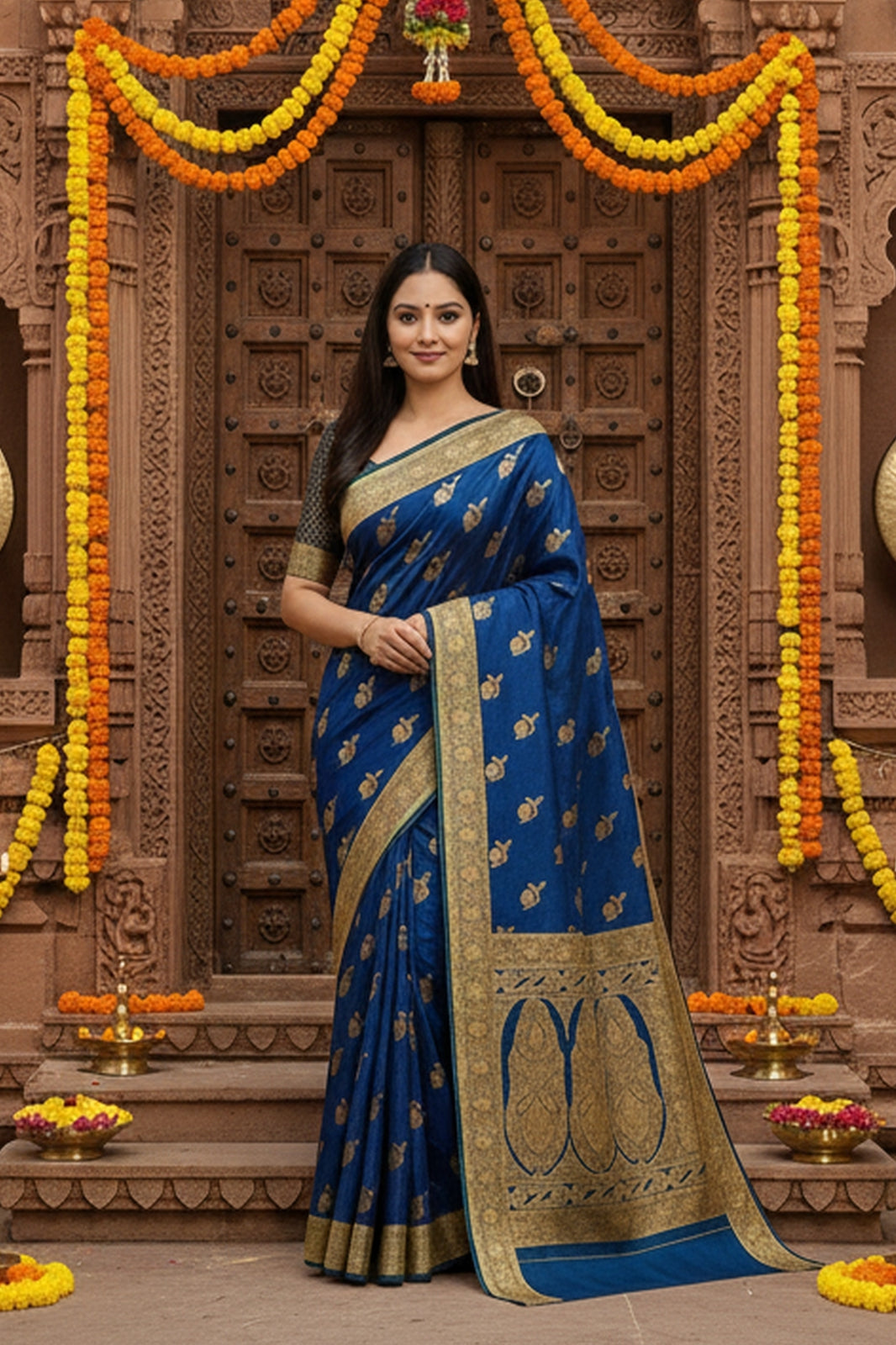 Rajsi Neel – Handwoven Royal Blue Katan Banarasi Saree