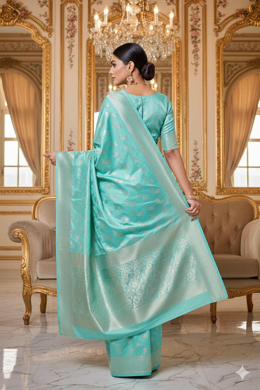 Aqua Green Banarasi Silk Saree with Silver Zari Leaf Motifs & Rich Pallu