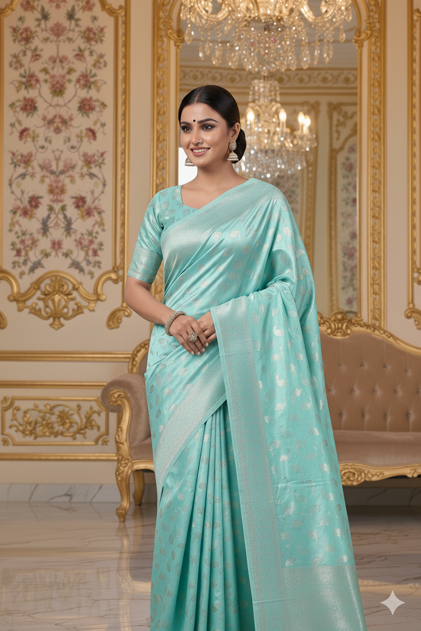 Aqua Green Banarasi Silk Saree with Silver Zari Leaf Motifs & Rich Pallu