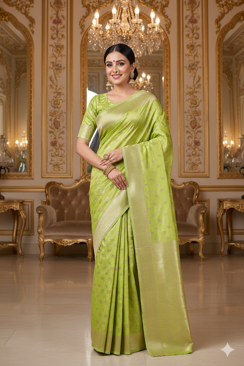 Parrot Green Banarasi Silk Saree with Golden Zari Leaf Motifs