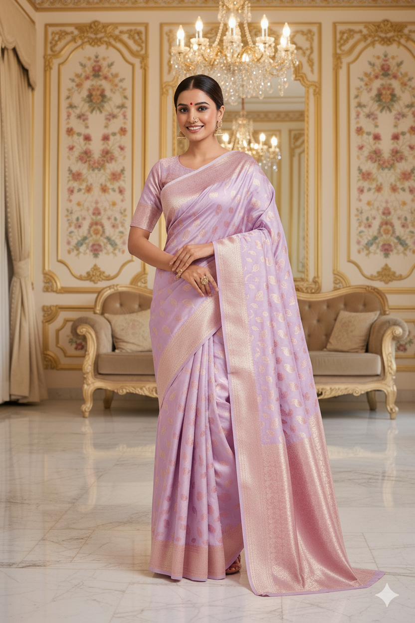 Radiant Lilac Pink (Light Purple) Banarasi Silk Saree with Golden Zari Leaf Motifs