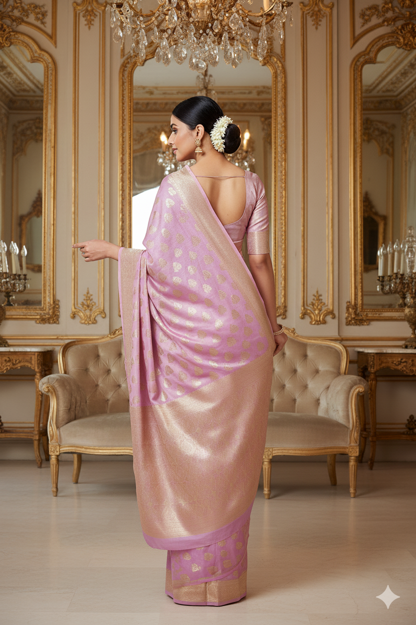 Radiant Lilac Pink (Light Purple) Banarasi Silk Saree with Golden Zari Leaf Motifs