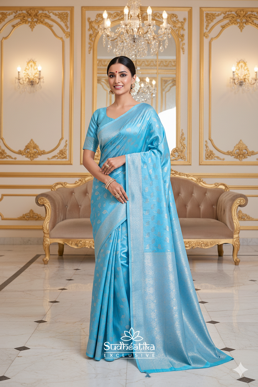 Sky Blue Banarsi Silk Saree with Silver Zari Leaf Motifs