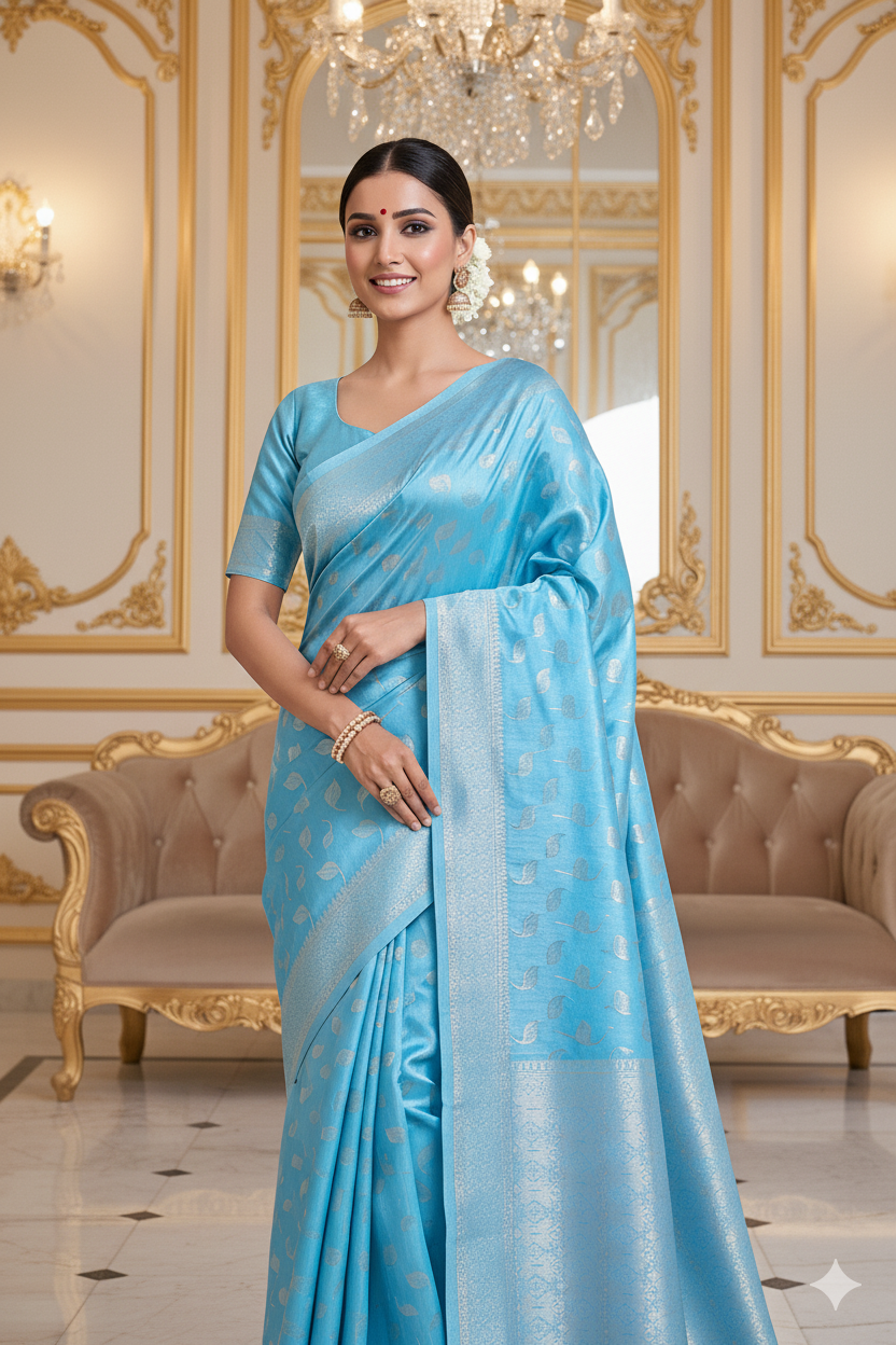 Sky Blue Banarsi Silk Saree with Silver Zari Leaf Motifs