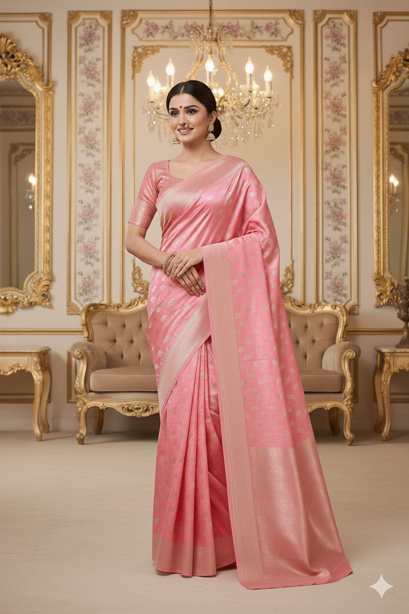 Peach Pink Banarasi Silk Saree with Silver Zari Leaf Motifs