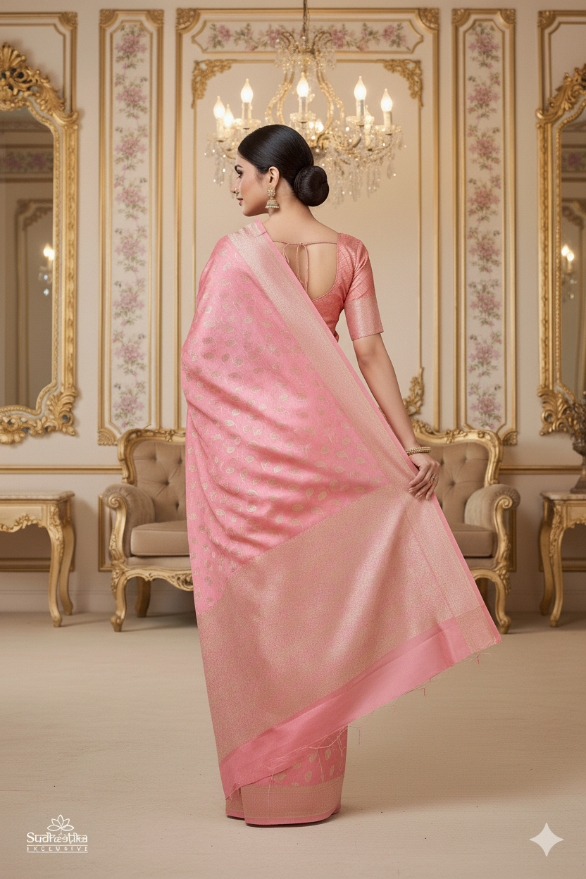 Peach Pink Banarasi Silk Saree with Silver Zari Leaf Motifs