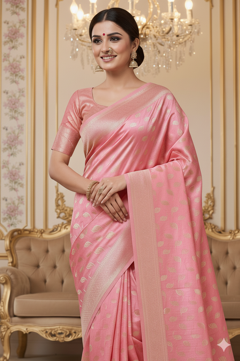 Peach Pink Banarasi Silk Saree with Silver Zari Leaf Motifs