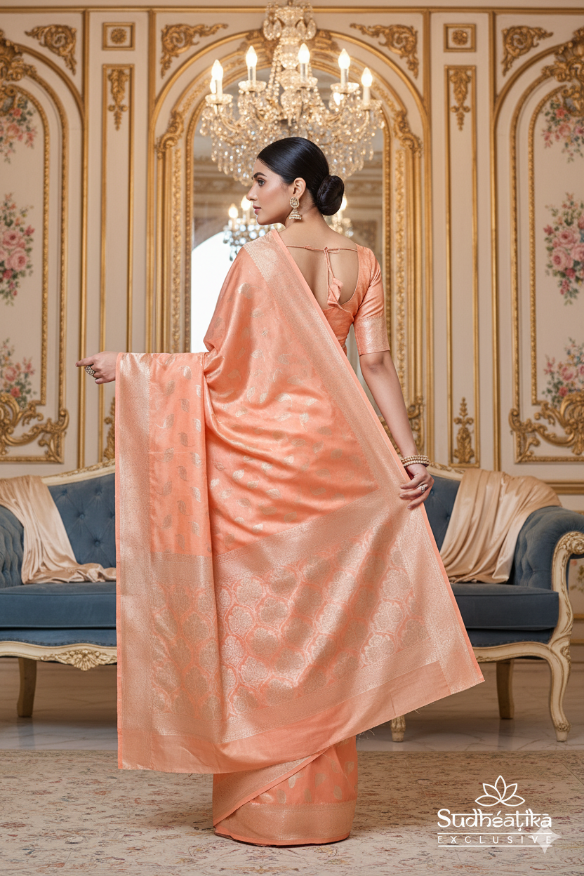 Peach Gold Banarasi Silk Saree with Silver Zari Leaf Motifs