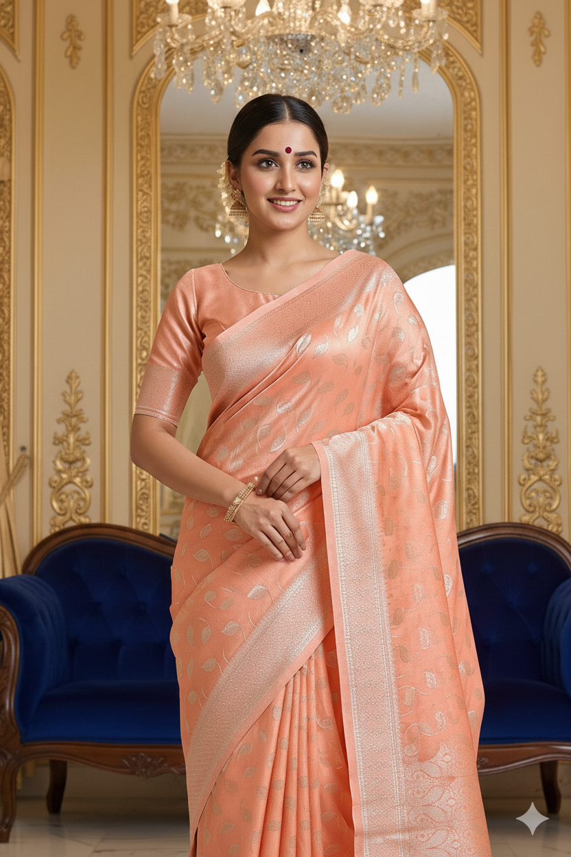 Peach Gold Banarasi Silk Saree with Silver Zari Leaf Motifs