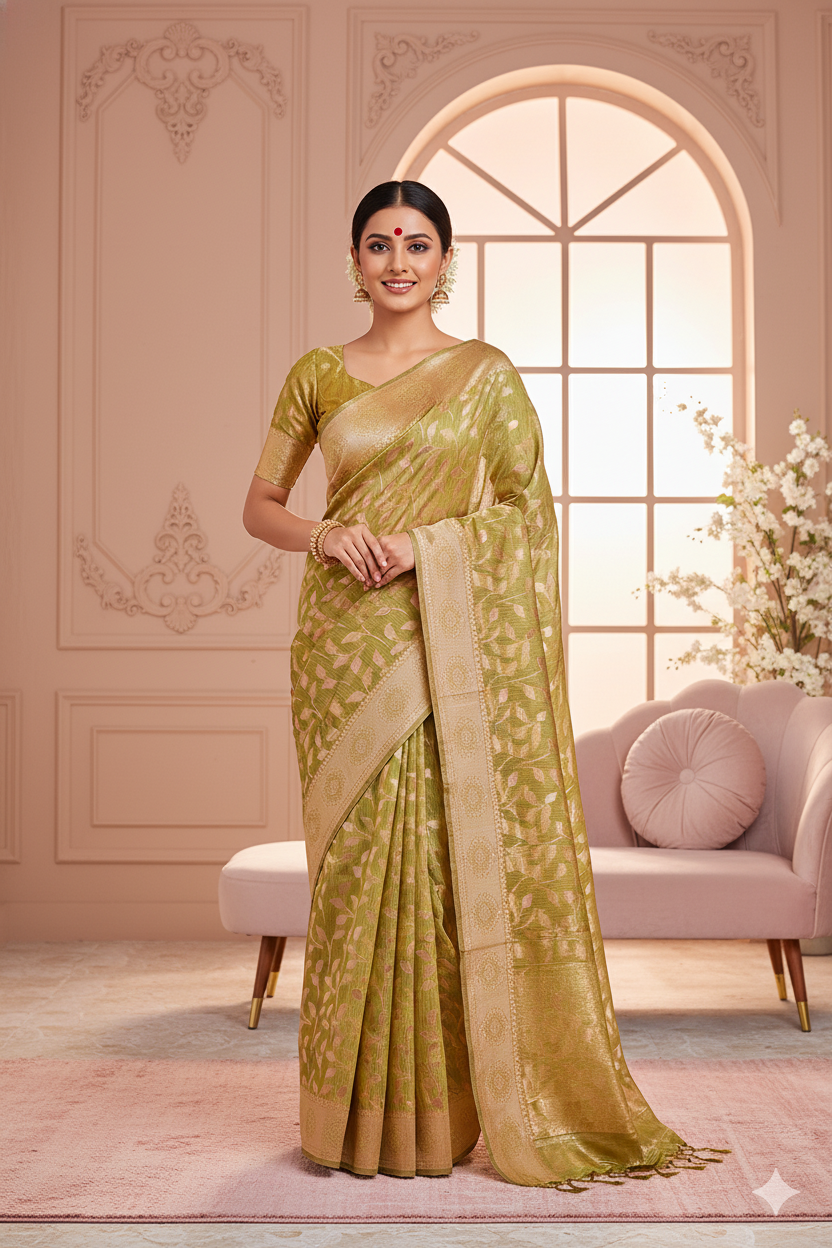 Mehandi Linen Silk Saree Lightweight