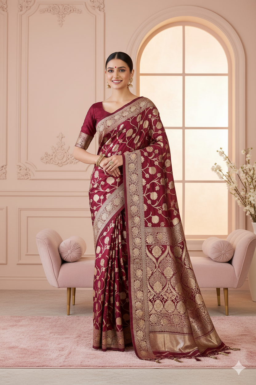 Wine Maroon Banarasi Silk Saree with Golden Zari Floral Weave