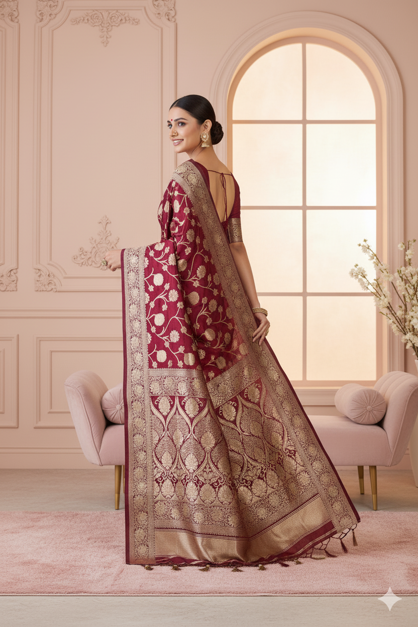 Wine Maroon Banarasi Silk Saree with Golden Zari Floral Weave