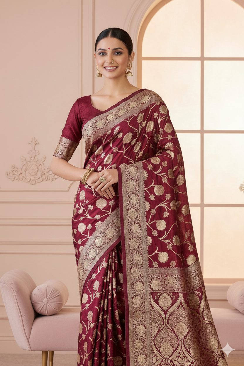 Wine Maroon Banarasi Silk Saree with Golden Zari Floral Weave