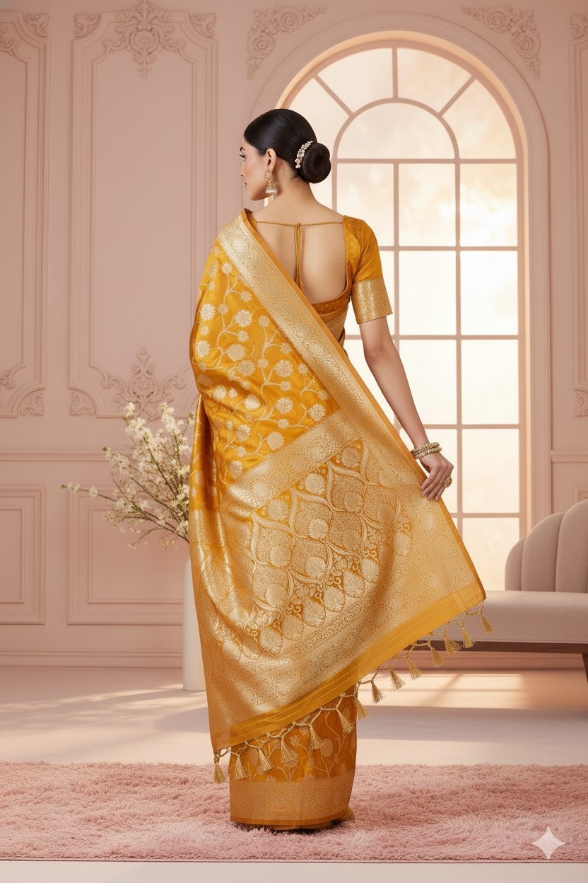 Mustard Yellow Pure Silk Banarasi Saree with Golden Zari Weaving
