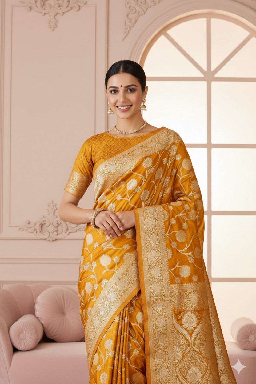 Mustard Yellow Pure Silk Banarasi Saree with Golden Zari Weaving