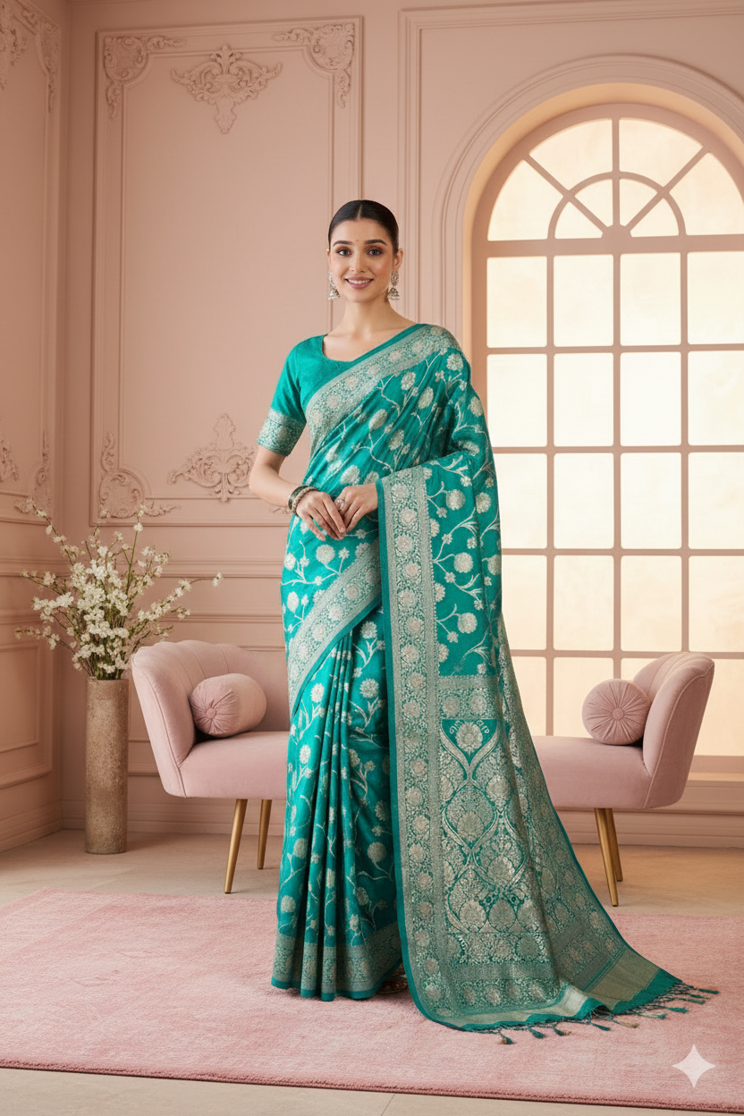 Teal Blue Banarasi Silk Saree with Gold Zari Floral Weaves