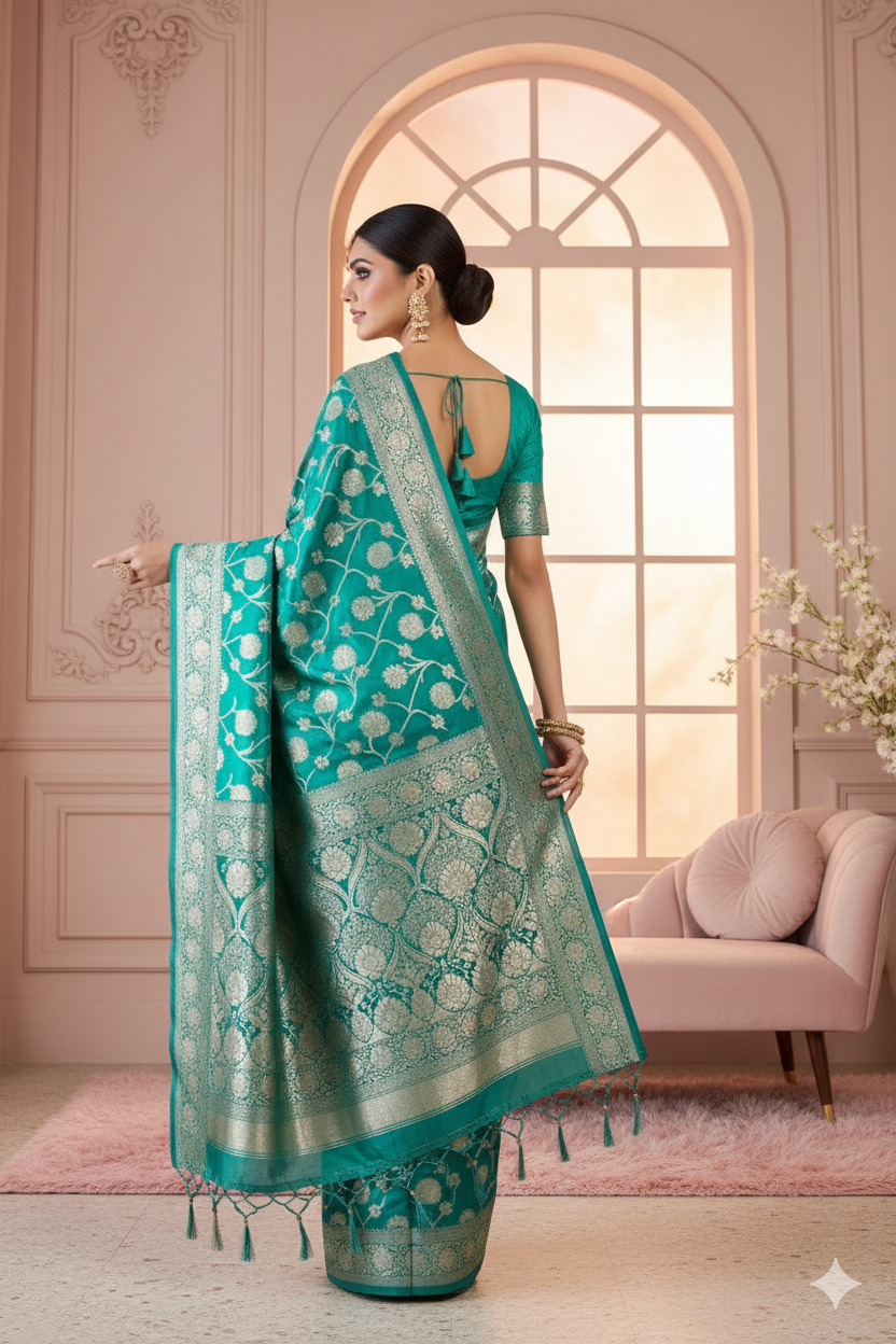 Teal Blue Banarasi Silk Saree with Gold Zari Floral Weaves