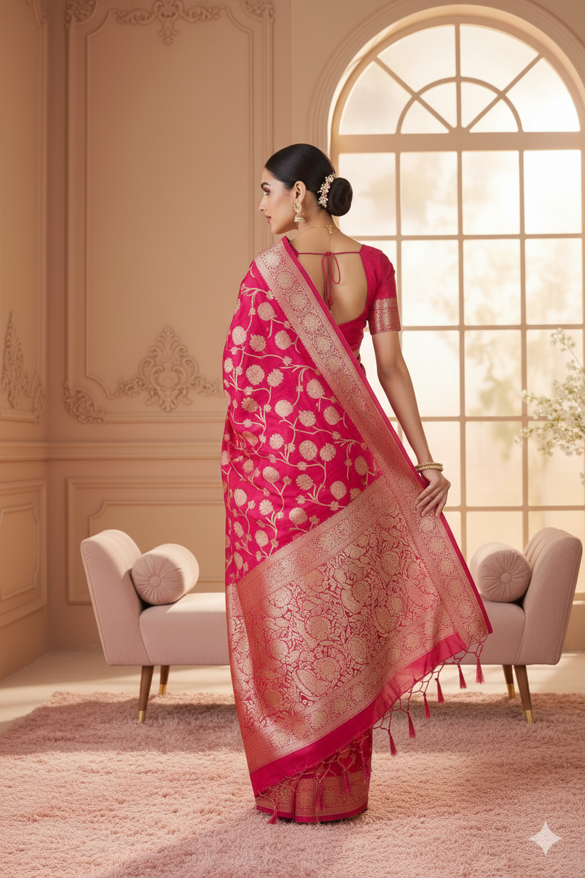 Rani Pink Banarasi Silk Saree with Antique Gold Zari Work