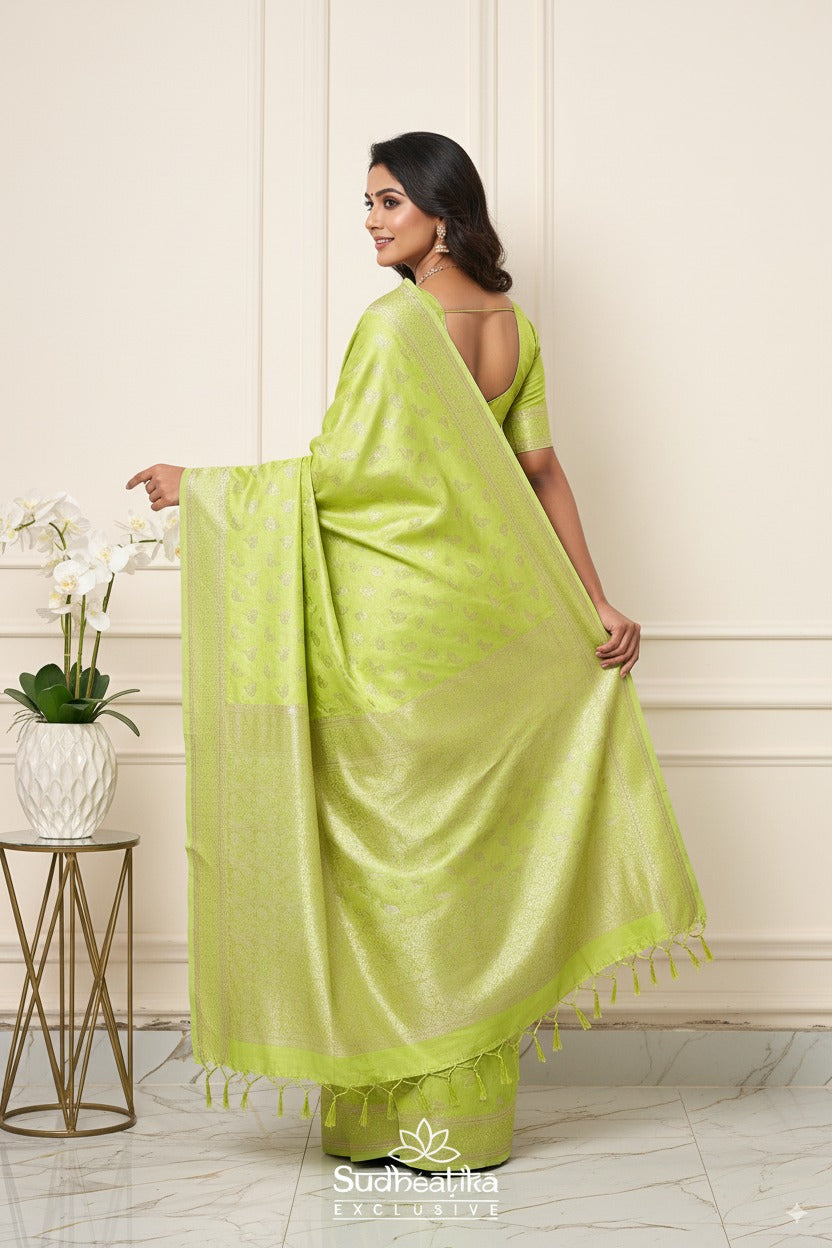 Parrot Green Banarasi Silk Saree with Golden Zari Leaf Motifs and Rich Pallu