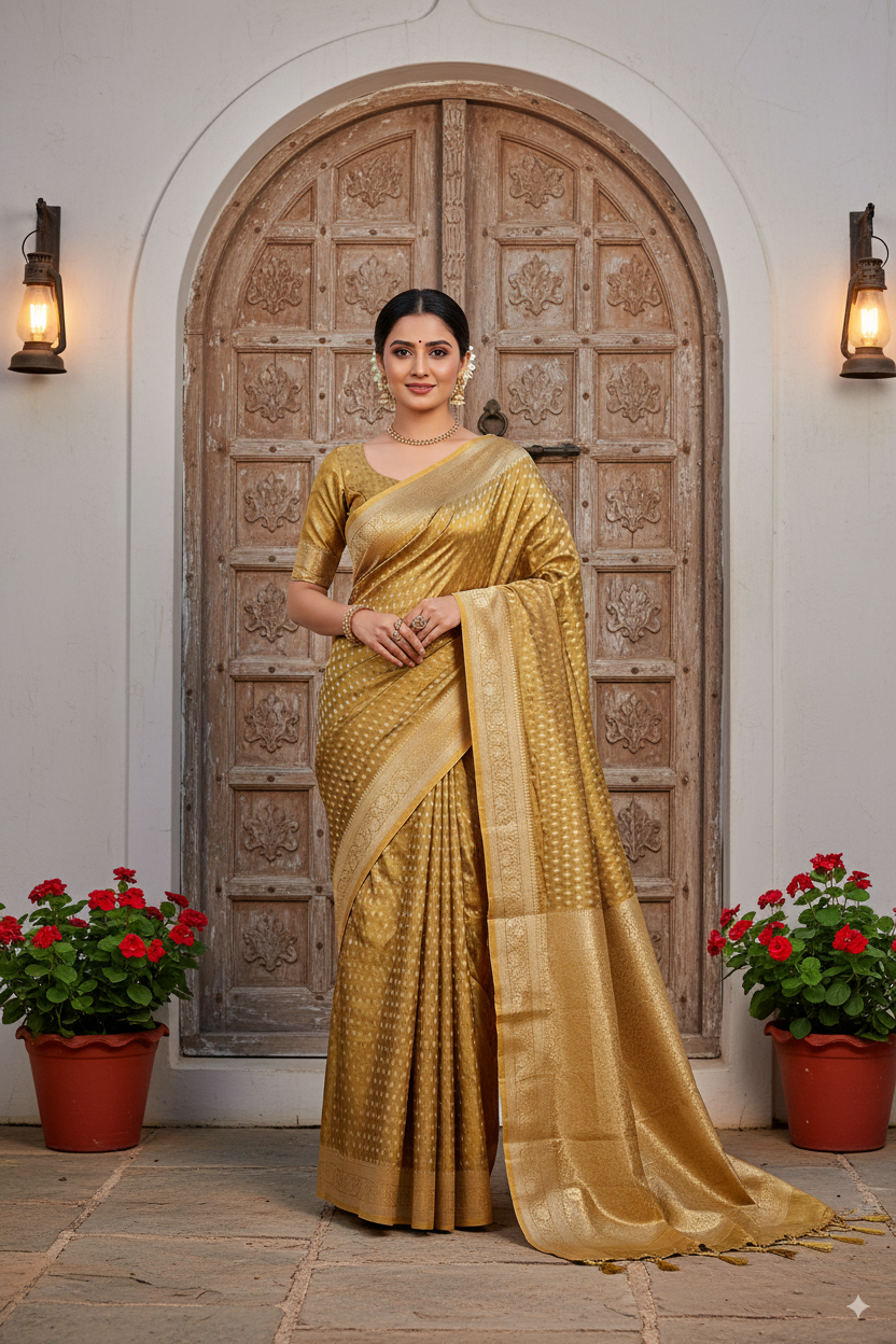 Golden-Olive Green Metallic Banarasi Tissue Silk Lightweight